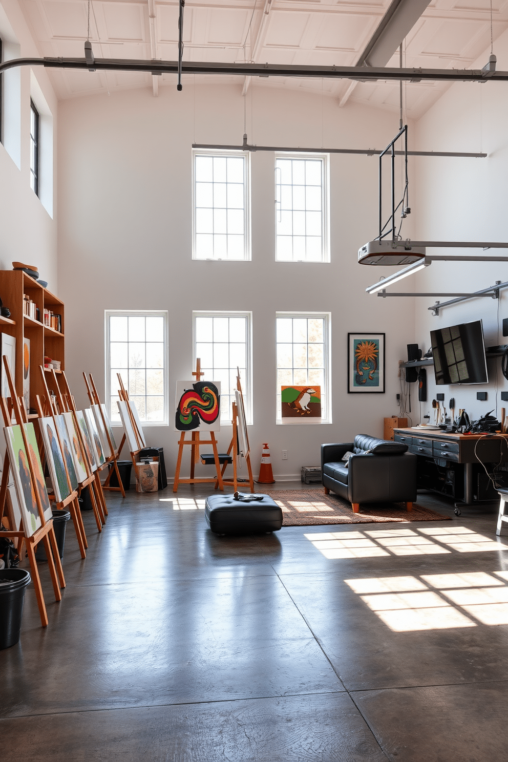 Art studio with easels and supplies. The space features large windows that let in natural light, illuminating the wooden floors and white walls adorned with colorful artwork. Various easels are positioned around the room, each holding canvases in different stages of completion. Shelves filled with paint tubes, brushes, and other art supplies line one wall, while a cozy seating area invites creativity and relaxation. Car garage man cave design ideas. The garage is transformed into a stylish retreat with polished concrete floors and a sleek, modern design. A large workbench with tools and car parts occupies one side, while the other side features a comfortable seating area with leather sofas and a mounted flat-screen TV. Ambient lighting and automotive-themed decor create a welcoming atmosphere for car enthusiasts to unwind and showcase their passion.