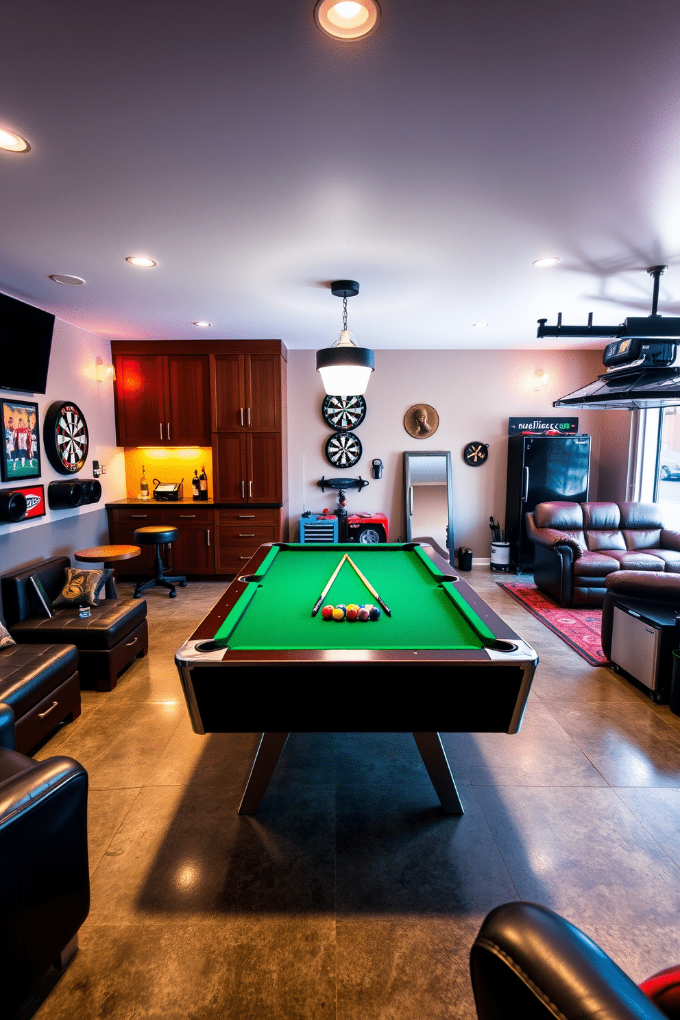 A vibrant game room featuring a sleek pool table at the center, surrounded by stylish seating and a wall-mounted dartboard. The walls are adorned with framed sports memorabilia, and ambient lighting creates a lively atmosphere for entertaining friends. A spacious car garage designed as a man cave, showcasing polished concrete floors and custom cabinetry for tools and equipment. A comfortable lounge area with leather seating and a mini-fridge complements the space, making it perfect for car enthusiasts to relax and work on their projects.