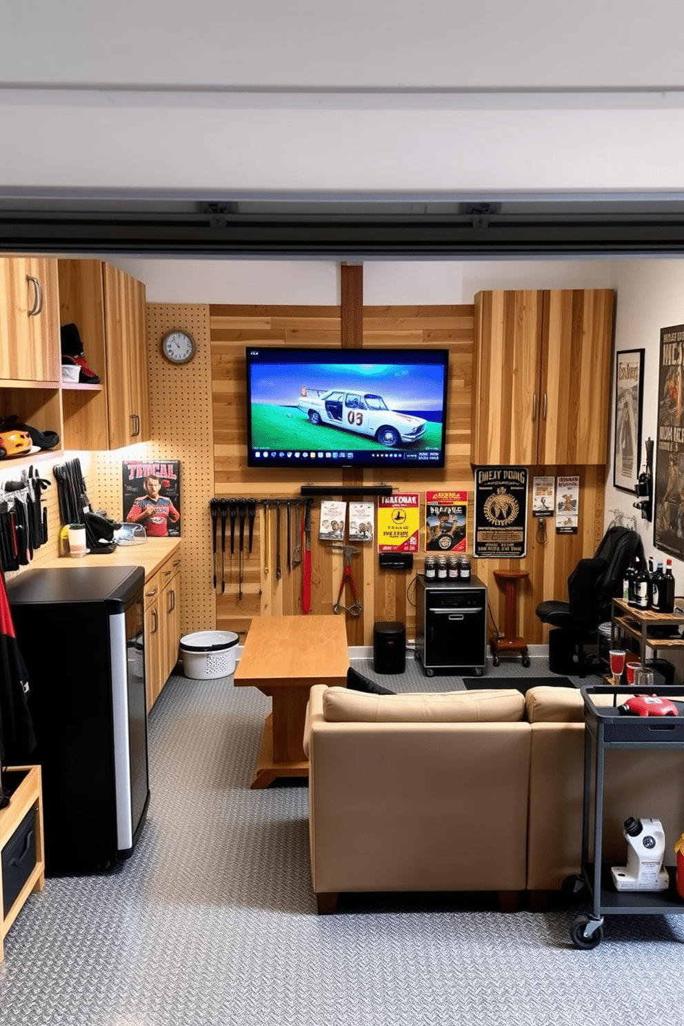 A workshop with custom storage solutions features an organized layout with built-in shelving and cabinets made from reclaimed wood. The walls are adorned with pegboards for easy access to tools, while a sturdy workbench sits in the center, illuminated by bright LED lighting. The two-car garage man cave is designed for relaxation and entertainment, showcasing a comfortable seating area with a sectional sofa and a large flat-screen TV mounted on the wall. Vintage posters and memorabilia decorate the space, while a mini-fridge and bar cart provide refreshments for gatherings with friends.