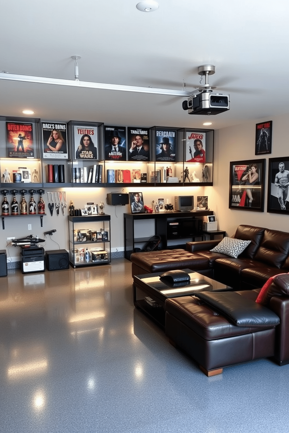 A stylish man cave featuring a two-car garage with a movie memorabilia wall. The wall is adorned with display cases showcasing vintage posters, action figures, and collectible items, all illuminated by soft LED lighting. The garage floor is finished with a sleek epoxy coating, providing a modern touch. Comfortable seating arrangements, including a leather sectional and a coffee table, create an inviting space for relaxation and entertainment.