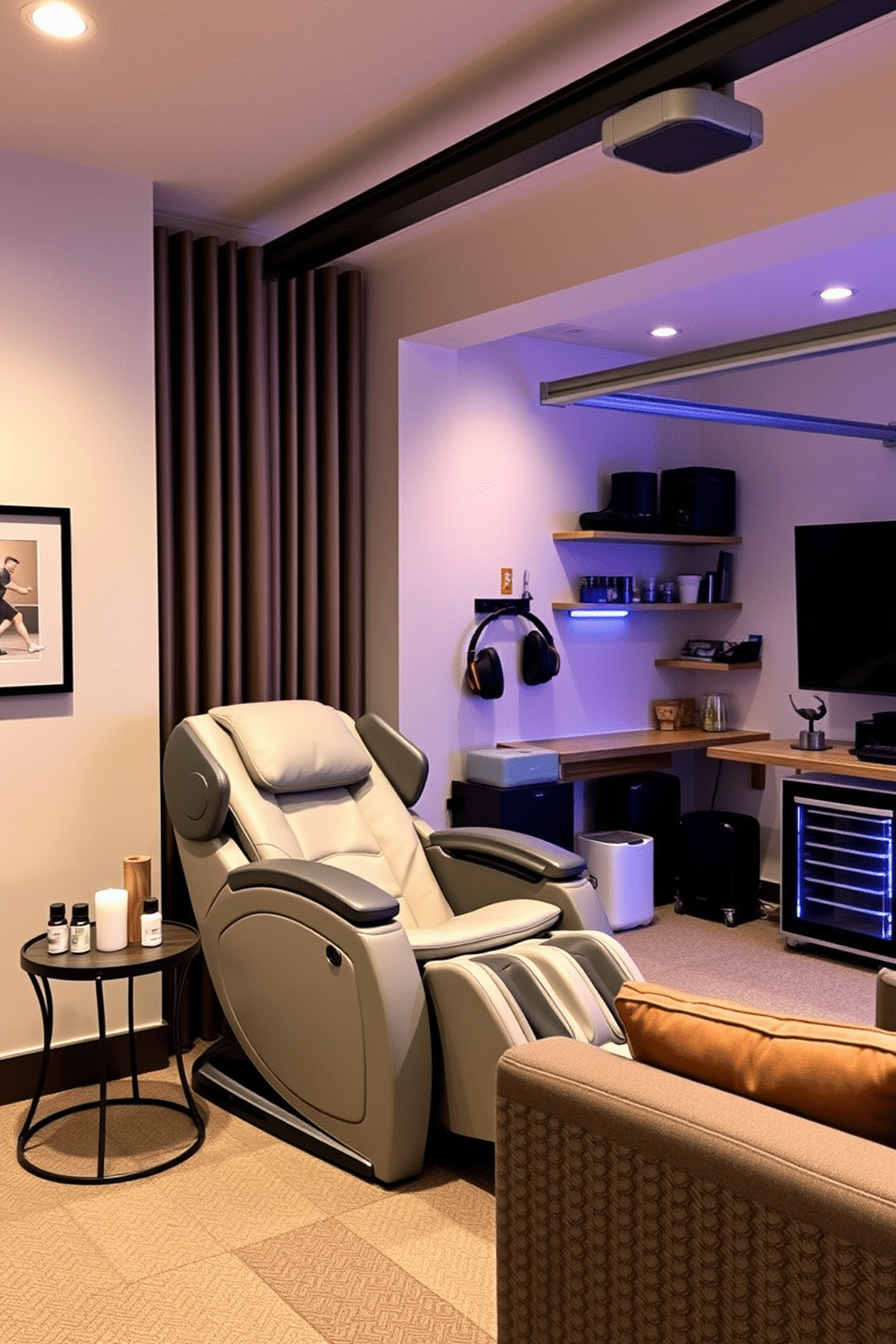 A serene relaxation zone features a plush massage chair positioned in a cozy corner, surrounded by soft ambient lighting and calming decor. The walls are painted in soothing pastel tones, and a small side table holds a selection of essential oils and a candle for a tranquil atmosphere. The car garage man cave is designed for both functionality and leisure, showcasing a sleek workbench and tool storage on one side. On the opposite side, a comfortable seating area with a mini-fridge and a large-screen TV creates the perfect space for relaxation and entertainment after a day in the garage.