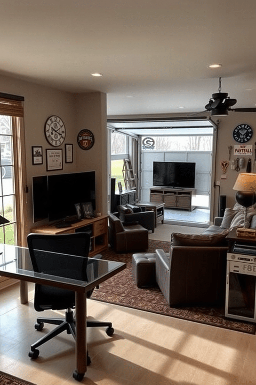 A stylish home office featuring ergonomic furniture. The desk is sleek and modern, paired with an adjustable chair that promotes good posture, while large windows allow natural light to flood the space. A two-car garage transformed into a man cave. The area is equipped with comfortable seating, a large flat-screen TV, and a mini-fridge, with walls adorned by sports memorabilia and ambient lighting creating a cozy atmosphere.