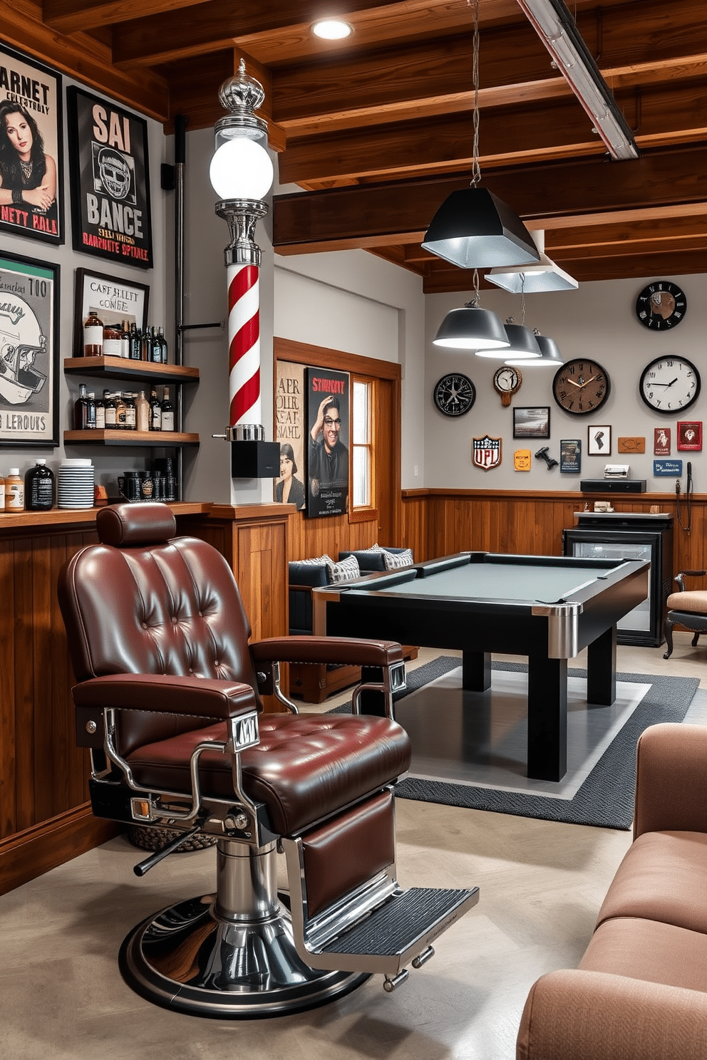 A stylish barbershop corner features a vintage barber chair upholstered in rich leather, positioned under a classic barber pole that adds a nostalgic touch. The walls are adorned with retro posters and shelves displaying grooming products, while warm wood accents create an inviting atmosphere. The two-car garage man cave is designed for relaxation and entertainment, showcasing a sleek pool table at its center. Surrounding the space are comfortable seating areas with plush sofas, a mini-fridge stocked with beverages, and wall-mounted memorabilia that reflects personal interests and hobbies.