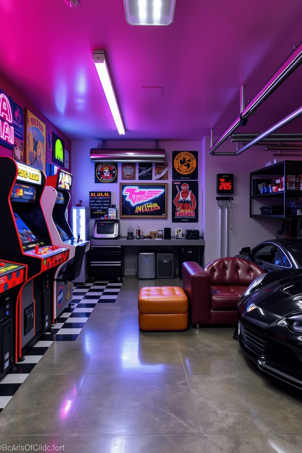 A vibrant retro arcade setup featuring classic games like Pac-Man and Space Invaders. The walls are adorned with neon lights and vintage posters, while a checkered floor adds to the nostalgic vibe. A sleek car garage man cave designed for automotive enthusiasts. The space includes custom shelving for tools, a comfortable lounge area with leather seating, and a polished concrete floor that showcases the owner's prized vehicles.