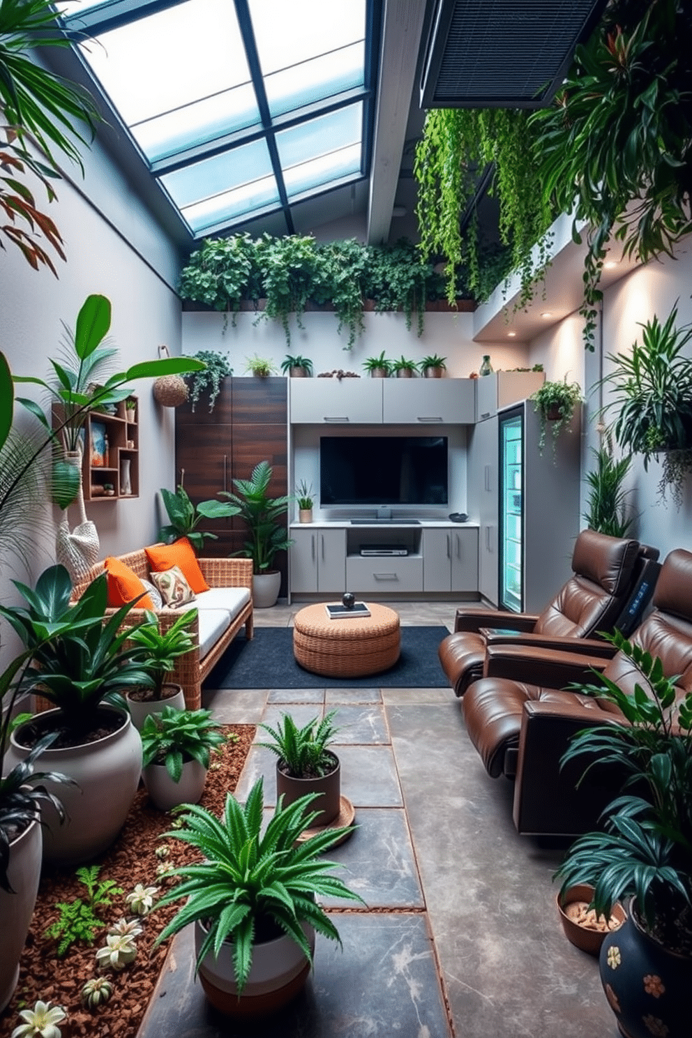 Indoor garden with plants and seating. The space features a variety of lush greenery, including ferns and flowering plants, arranged in modern pots on a stone pathway. Comfortable seating, such as a stylish rattan sofa and vibrant cushions, is positioned to create a cozy nook for relaxation. Soft, ambient lighting illuminates the area, enhancing the tranquil atmosphere of this indoor oasis. 2 Car Garage Man Cave Design Ideas. The garage is transformed into a stylish retreat with sleek, custom cabinetry and a polished concrete floor that exudes an industrial vibe. A dedicated entertainment zone includes a large flat-screen TV, a mini-fridge stocked with beverages, and a lounge area with leather recliners, perfect for unwinding after a long day.