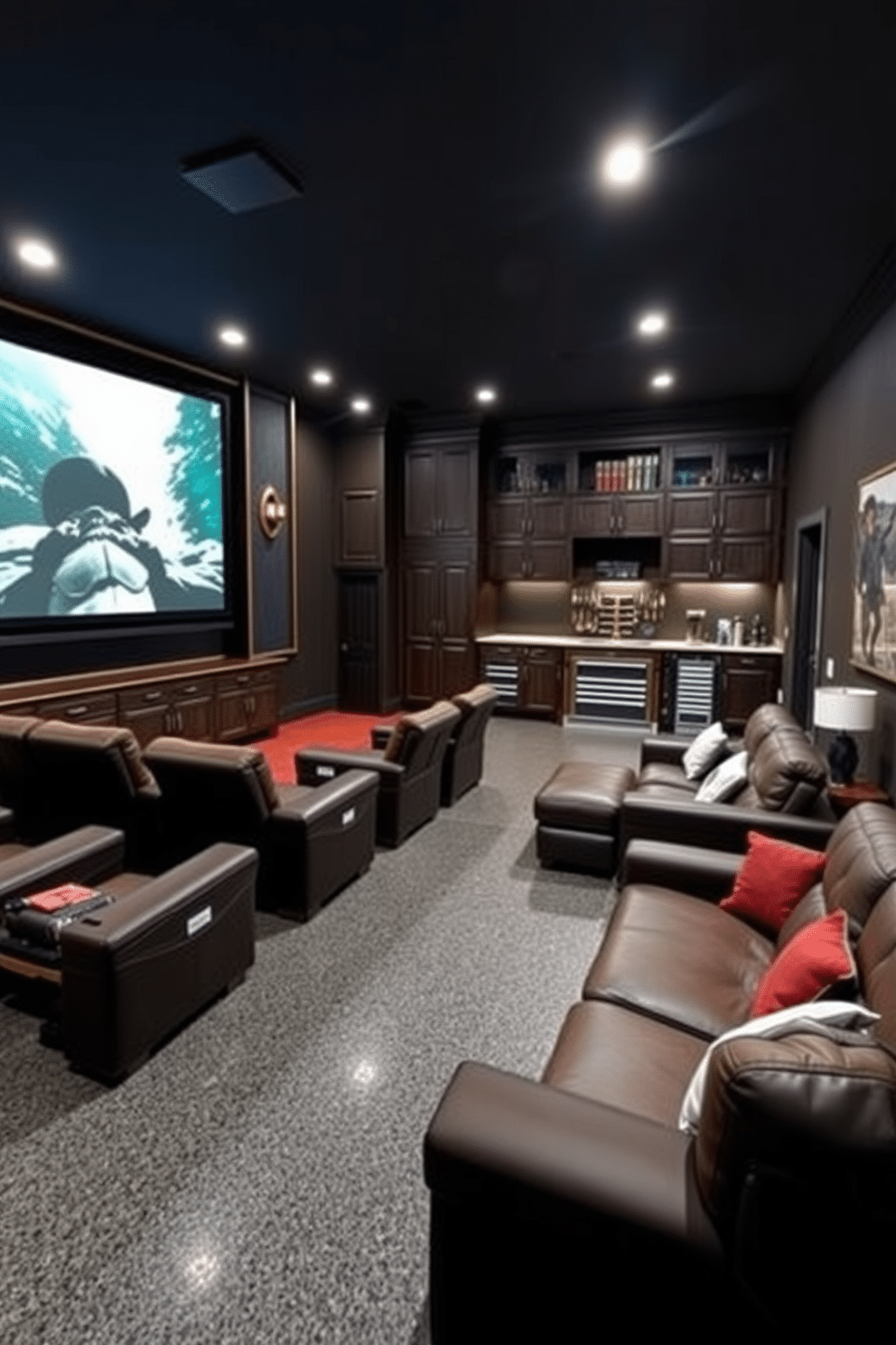 A luxurious home theater featuring plush, reclining seating arranged in a staggered formation for optimal viewing. The walls are adorned with dark acoustic panels, and a large screen is framed by custom cabinetry that houses all the latest technology. A spacious two-car garage designed with ample storage solutions, including built-in cabinets and overhead shelving. The flooring is coated with a durable epoxy finish, and there’s a designated area for tools and equipment, enhancing both functionality and organization. A stylish man cave that combines comfort and entertainment, featuring a large sectional sofa and a custom-built bar area. The walls are painted in a rich, deep color, and artwork reflecting personal interests adds character to the space.