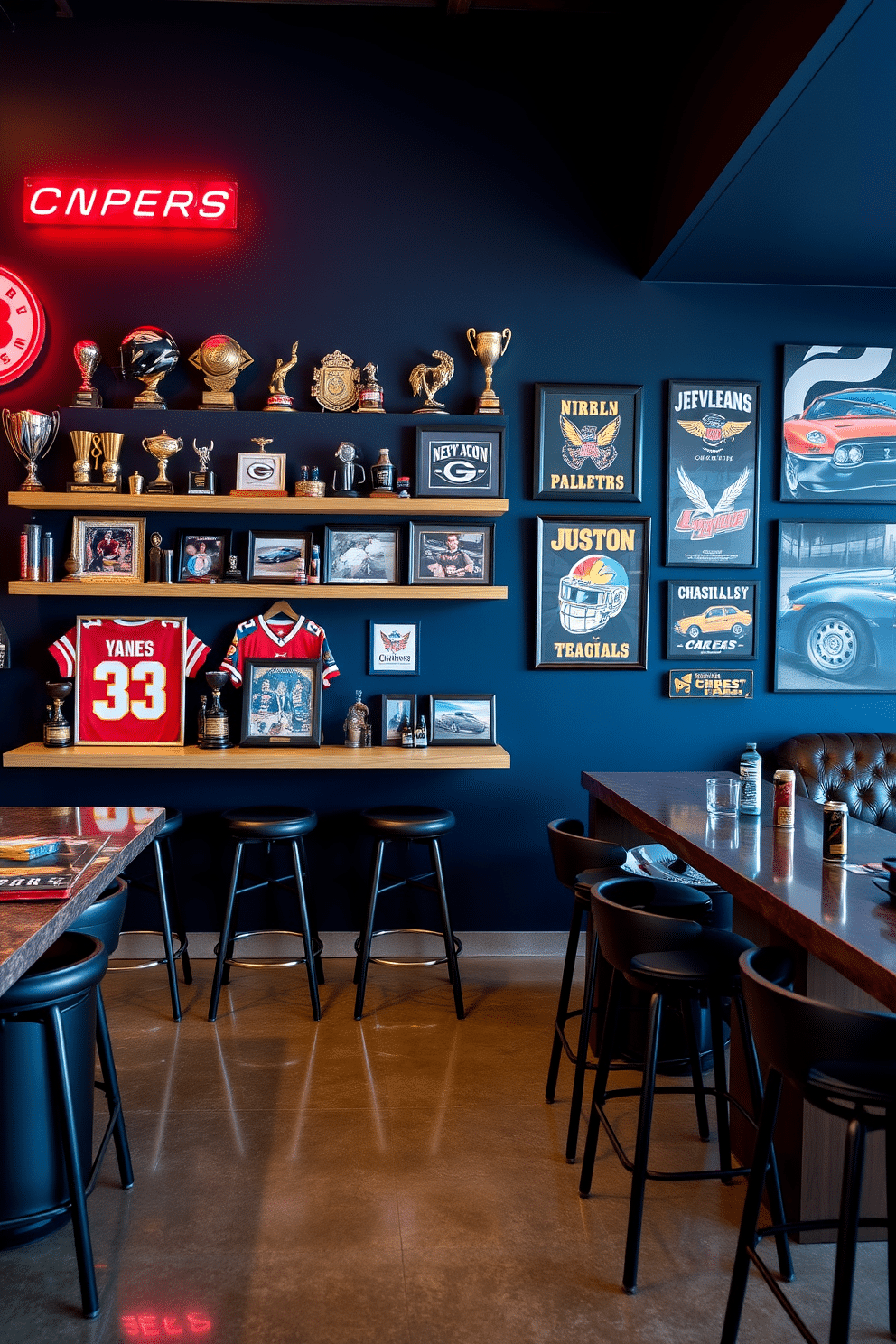 A stylish sports memorabilia display features a sleek wooden shelf adorned with various trophies, sports jerseys, and framed photographs of iconic moments. The wall behind the shelf is painted a deep navy blue, providing a striking contrast that enhances the vibrant colors of the memorabilia. The car garage man cave is designed with a polished concrete floor and walls adorned with automotive posters and neon signs. A comfortable leather sofa sits in the corner, accompanied by a custom-built bar area featuring high stools and a collection of craft beers.