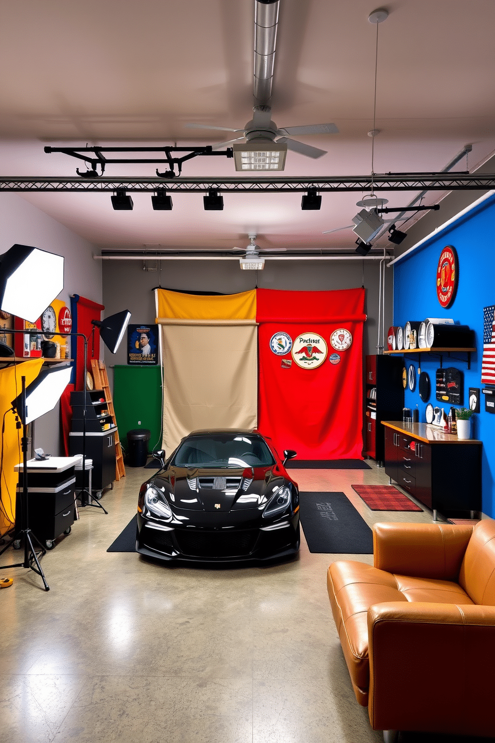 A modern photography studio featuring a variety of colorful backdrops and professional lighting setups. The space is well-organized, with a sleek camera station and props neatly arranged on shelves. A stylish car garage transformed into a man cave, showcasing a polished concrete floor and custom cabinetry. The walls are adorned with automotive memorabilia, and a comfortable lounge area with a bar invites relaxation after a day of working on cars.