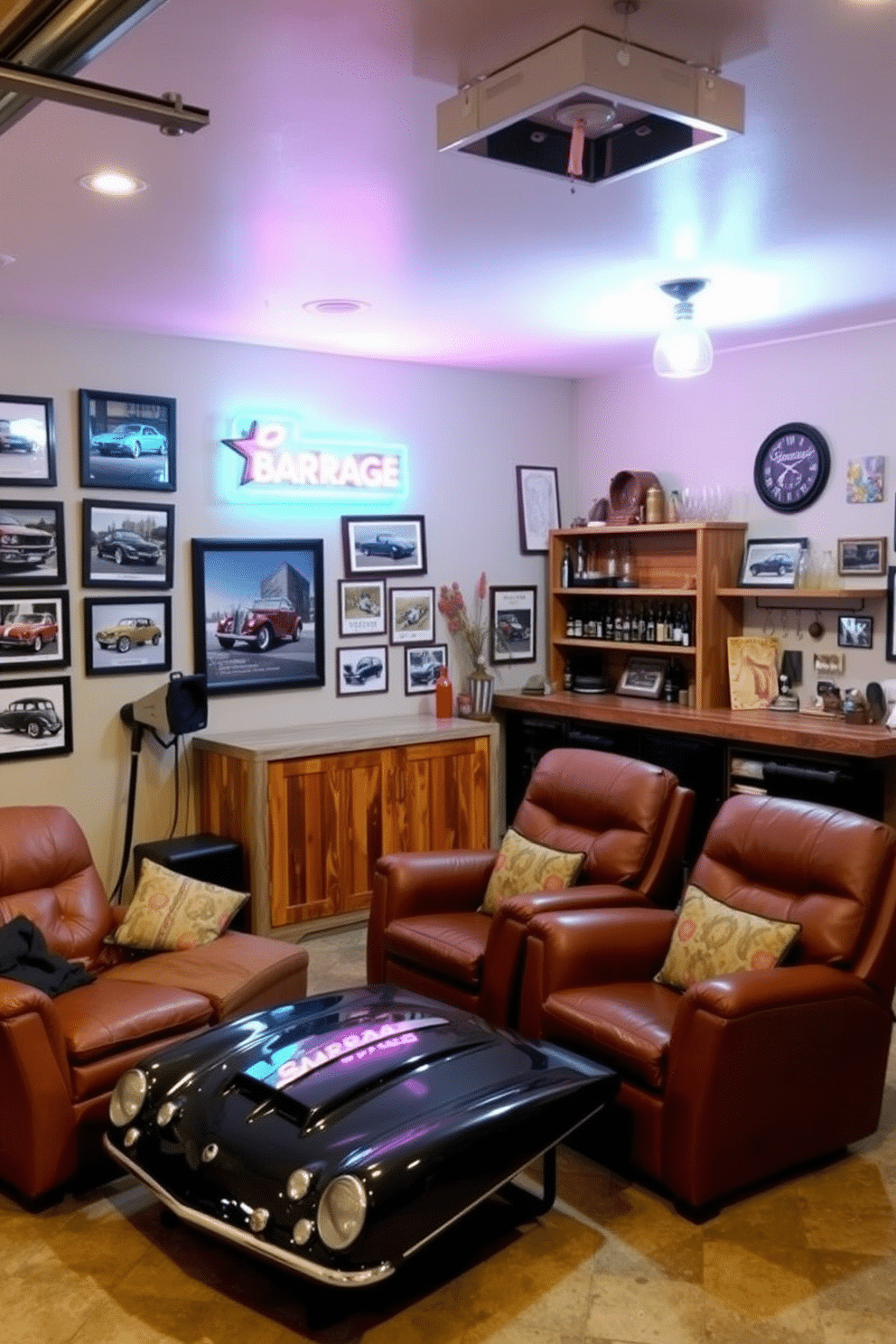 A cozy garage man cave designed around a vintage car theme. The walls are adorned with framed photographs of classic cars, and a retro neon sign illuminates the space. A custom-built bar area features reclaimed wood shelves stocked with memorabilia and vintage car-themed glassware. In the center, a comfortable seating arrangement includes leather recliners and a coffee table made from a repurposed car hood.