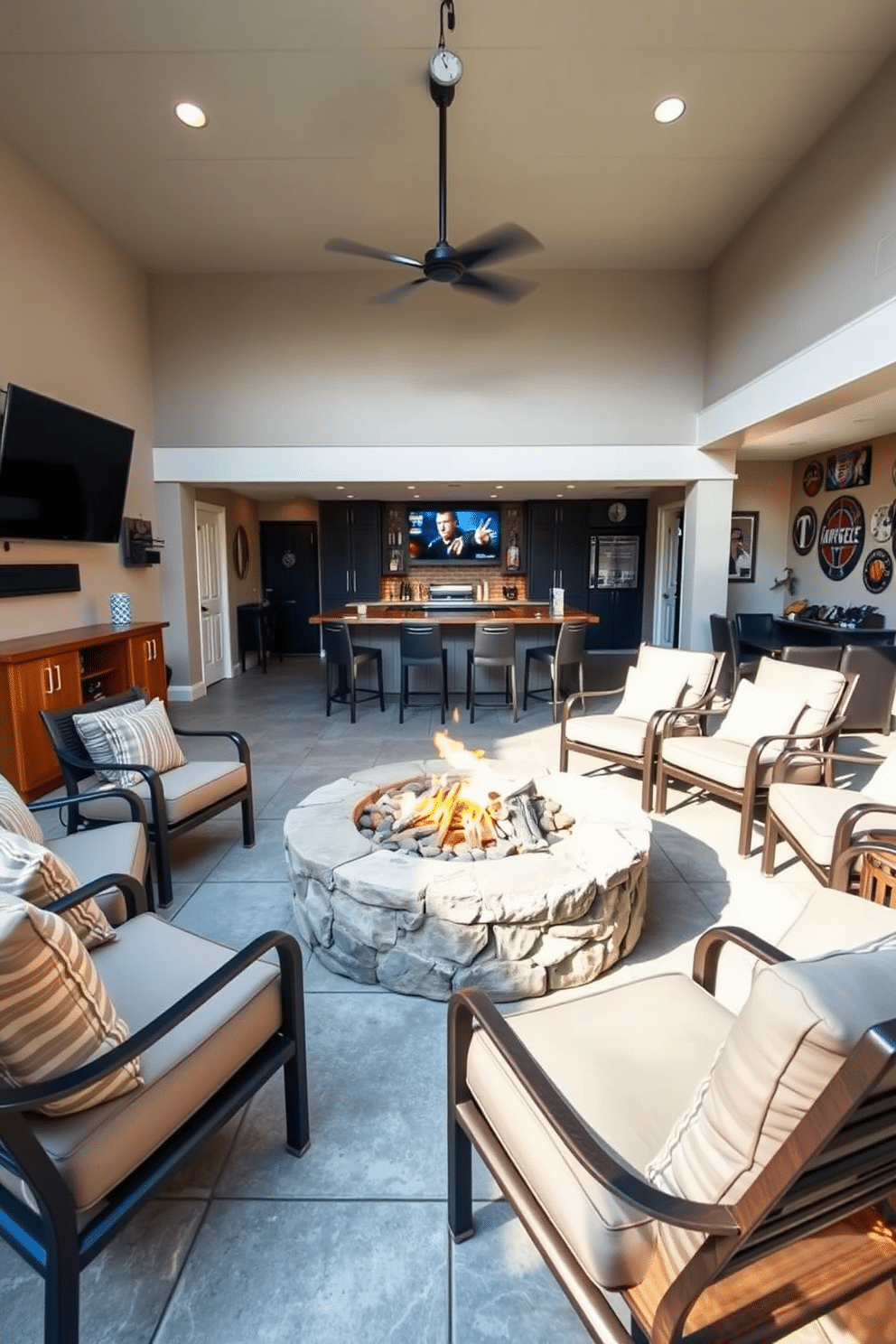 Cozy fire pit area with seating. The space features a circular stone fire pit surrounded by comfortable, weather-resistant lounge chairs and a rustic wooden coffee table. 2 Car Garage Man Cave Design Ideas. The garage is transformed into a stylish retreat, with a sleek bar area, wall-mounted TVs, and plush seating, complemented by ambient lighting and sports memorabilia.