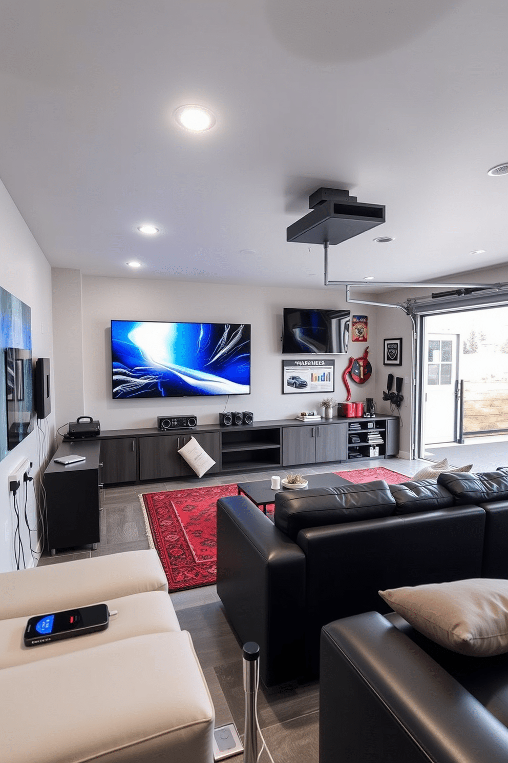 A modern tech hub featuring sleek gadgets and multiple charging stations integrated into the furniture. The space is designed with a minimalist aesthetic, showcasing smart home devices and a large digital display screen on the wall. A spacious two-car garage transformed into a stylish man cave with comfortable seating and entertainment options. The design includes a bar area, wall-mounted TVs, and sports memorabilia, creating a perfect retreat for relaxation and socializing.