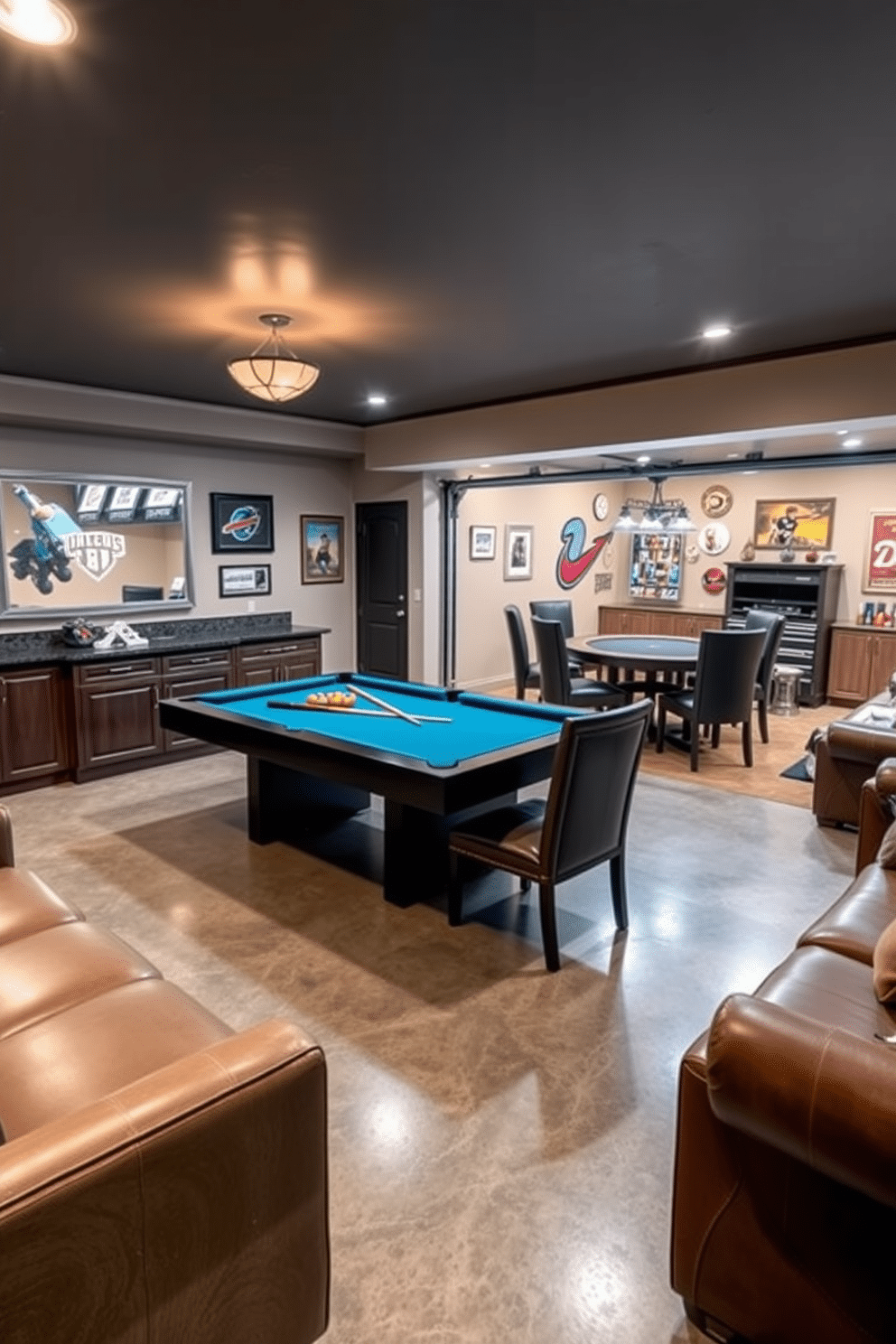 A stylish game room designed for entertaining, featuring a sleek billiards table at the center surrounded by plush seating. Adjacent to the billiards area, a classic poker table is set with high-backed chairs, creating an inviting atmosphere for game nights. A spacious garage transformed into a man cave, showcasing a polished concrete floor and custom cabinetry for storage. The walls are adorned with sports memorabilia, and a comfortable lounge area includes a sectional sofa and a mini bar for relaxation and entertainment.