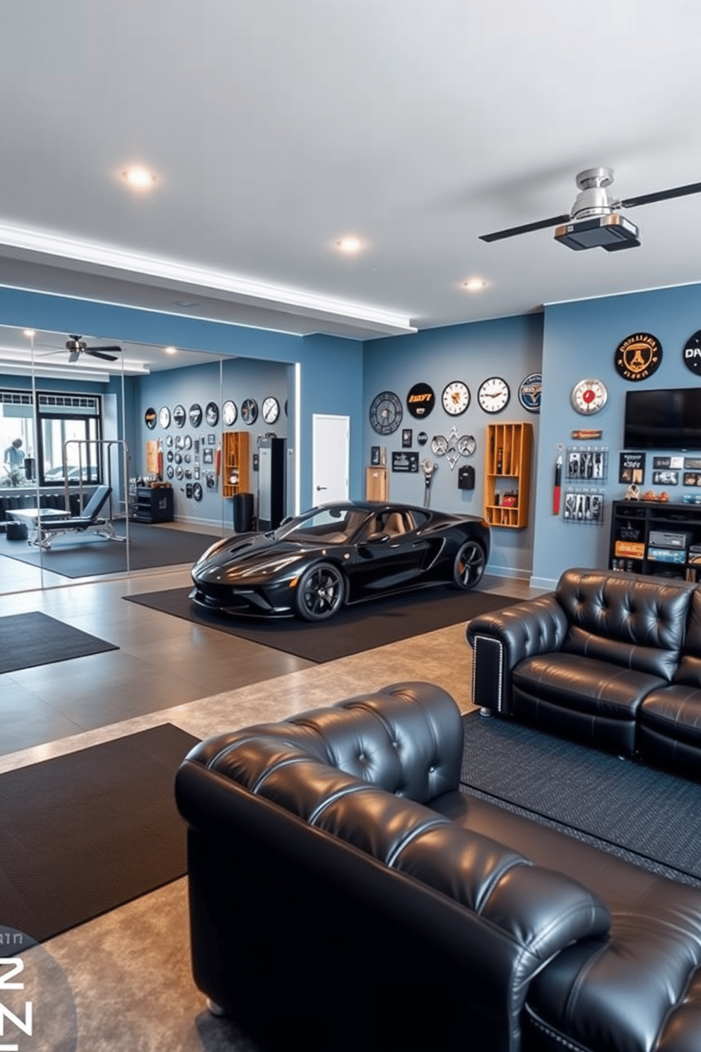 A personal gym featuring floor-to-ceiling mirrors reflecting a spacious workout area. The floors are covered with high-quality rubber mats, and the walls are painted in a calming blue tone to enhance focus and motivation. A stylish car garage designed as a man cave, showcasing a sleek sports car parked on polished concrete flooring. The walls are adorned with automotive memorabilia, and a comfortable lounge area with leather seating is set up for relaxation and entertainment.