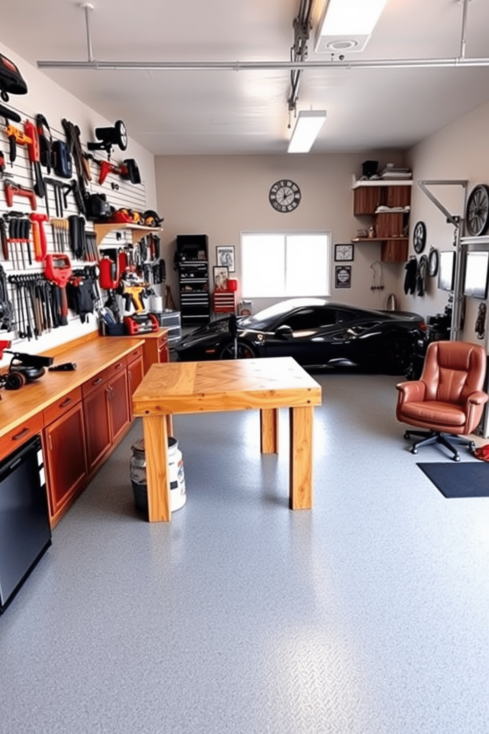 A spacious workshop filled with an array of power tools neatly organized on wall-mounted racks. A sturdy wooden workbench takes center stage, surrounded by ample storage cabinets and a large window allowing natural light to flood the space. A stylish car garage transformed into a man cave, featuring a sleek sports car parked on an epoxy-coated floor. The walls are adorned with automotive memorabilia, while a comfortable seating area with leather chairs and a mini-fridge creates the perfect spot for relaxation and entertainment.