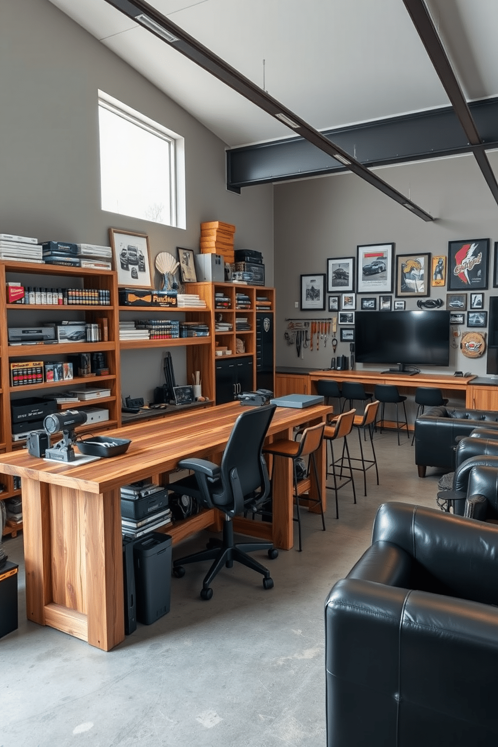 A dedicated hobby space for model building or painting features a large, sturdy workbench made of reclaimed wood, surrounded by organized shelves filled with paints, tools, and model kits. Natural light floods the room through a large window, and a comfortable ergonomic chair sits at the workbench, while the walls are adorned with framed artwork of completed projects. The car garage man cave is designed with a sleek, industrial aesthetic, showcasing polished concrete floors and exposed metal beams. A custom-built bar area with high stools is positioned next to a wall of memorabilia, while a cozy lounge space with leather sofas and a large flat-screen TV creates the perfect atmosphere for relaxation and entertainment.