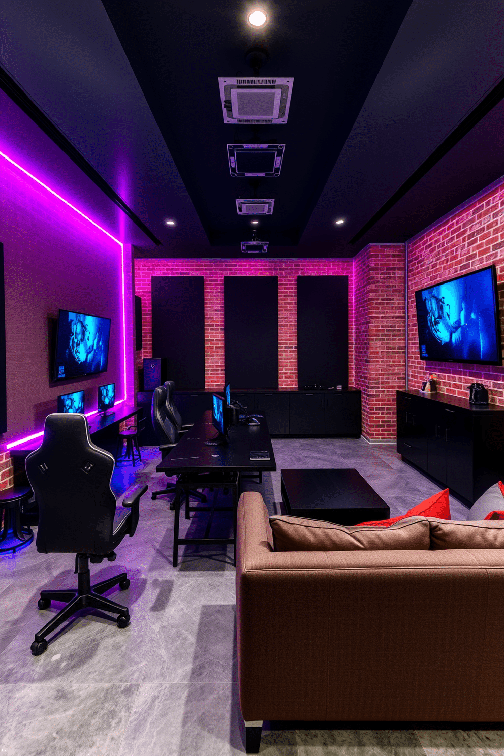 A gamer’s paradise featuring multiple screens is designed with a sleek black gaming desk at the center, surrounded by ergonomic chairs. The walls are adorned with LED strip lights that change colors, creating an immersive atmosphere, while soundproofing panels enhance the audio experience. The garage man cave showcases a modern industrial style with exposed brick walls and polished concrete floors. A custom-built bar with high stools sits in one corner, complemented by a large sectional sofa facing a wall-mounted flat-screen TV, perfect for entertaining friends.