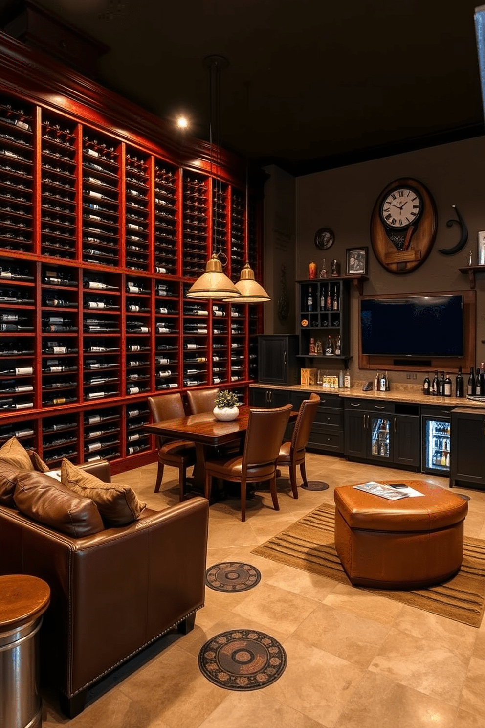 A luxurious wine cellar featuring a tasting area, with rich mahogany racks displaying an extensive collection of wine bottles. The tasting area includes a rustic wooden table surrounded by plush leather chairs, illuminated by warm pendant lighting that enhances the ambiance. A stylish two-car garage transformed into a man cave, equipped with a comfortable seating area and a large flat-screen TV mounted on the wall. The space is accented with vintage memorabilia, a mini fridge stocked with beverages, and a custom-built bar for entertaining guests.