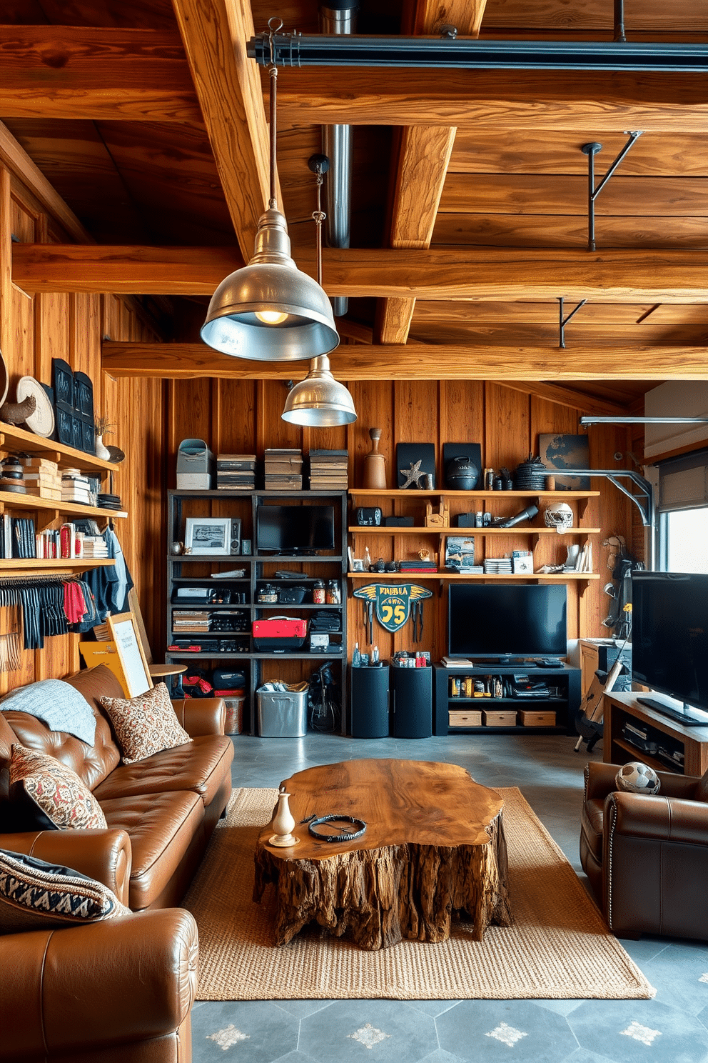 A rustic workshop with wooden accents features exposed beams and reclaimed wood shelving filled with tools and supplies. The warm, earthy tones of the wood are complemented by vintage metal light fixtures hanging from the ceiling, creating an inviting atmosphere. The two-car garage man cave design includes a comfortable seating area with a leather couch and a rustic coffee table made from a salvaged wood slab. Wall-mounted shelves display memorabilia and sports gear, while a large flat-screen TV is strategically placed for optimal viewing during gatherings.