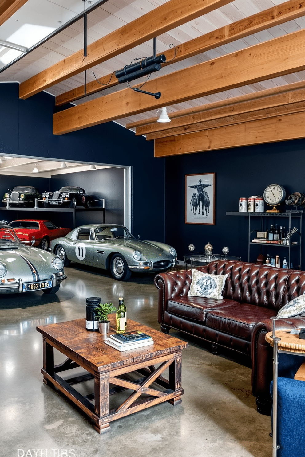 A vintage car display is showcased in a spacious two-car garage, featuring polished concrete floors and exposed wooden beams overhead. To the side, a cozy seating area with leather sofas and a rustic coffee table invites relaxation, adorned with automotive-themed decor. The walls are painted in a deep navy blue, creating a striking backdrop for the classic cars on display. Ambient lighting highlights the vehicles, while a vintage bar cart stocked with drinks adds an element of sophistication to the man cave atmosphere.