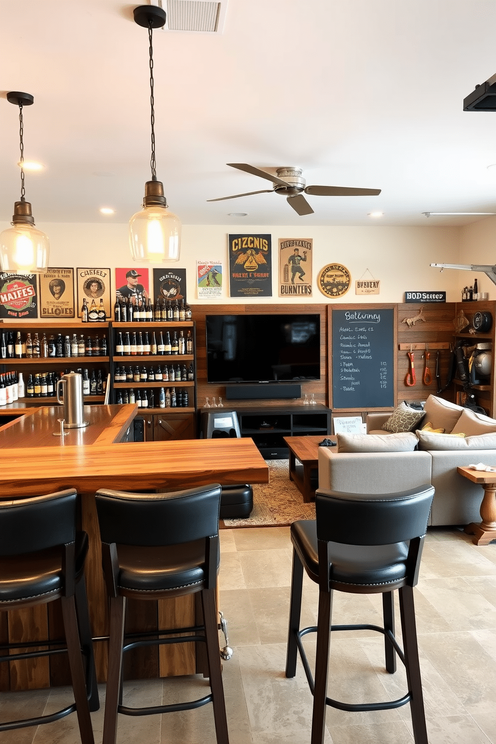 Craft brewery setup with bar stools. The space features a rustic wooden bar with a polished countertop, surrounded by high-backed bar stools in dark leather. Industrial-style pendant lights hang from the ceiling, illuminating shelves lined with various craft beer bottles. The walls are adorned with vintage brewery posters, and a large chalkboard displays the current beer offerings. 2 Car Garage Man Cave Design Ideas. The garage is transformed into a cozy retreat with comfortable seating, including a sectional sofa and a coffee table made from reclaimed wood. A mounted flat-screen TV is positioned for optimal viewing, while the walls are decorated with sports memorabilia and custom shelving for tools and equipment.