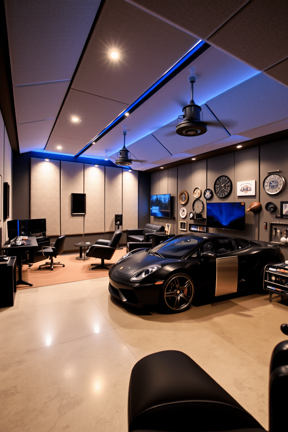 A modern music studio featuring soundproofing panels on the walls and ceiling, creating an acoustically optimized environment. The space includes a sleek mixing console, comfortable seating, and ambient lighting that enhances creativity. A stylish two-car garage transformed into a man cave, showcasing a polished concrete floor and custom cabinetry for storage. The design incorporates a cozy lounge area with a mini-fridge, a large flat-screen TV, and sports memorabilia adorning the walls.