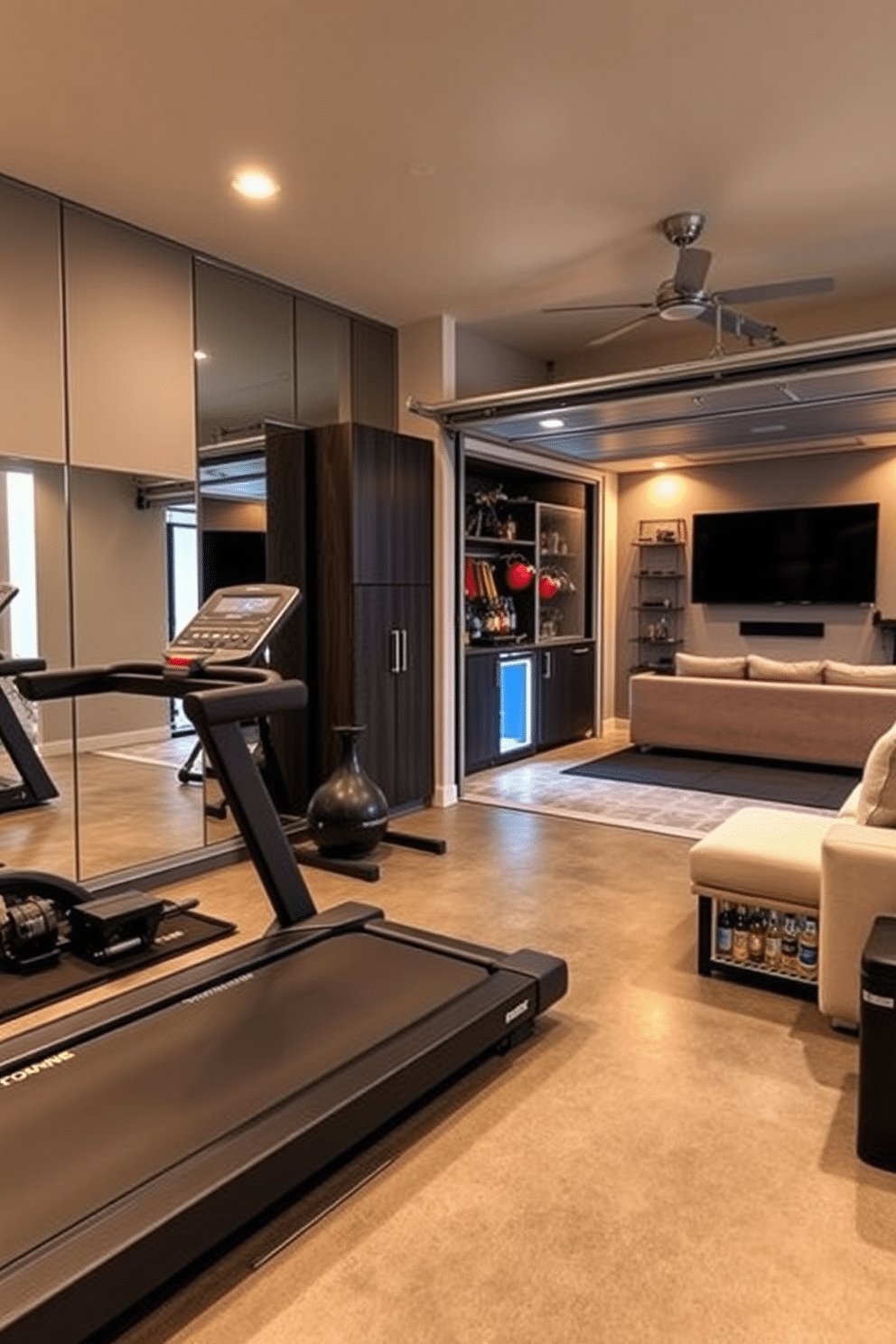 A modern fitness area featuring state-of-the-art gym equipment. The space includes a sleek treadmill, a set of free weights, and a yoga mat, all set against a wall of mirrors that reflect natural light. A spacious two-car garage designed for both functionality and style. The garage features built-in cabinetry for storage, a polished concrete floor, and a dedicated area for tools and maintenance equipment. A cozy man cave designed for relaxation and entertainment. The room includes a plush sectional sofa, a large flat-screen TV mounted on the wall, and a mini-fridge stocked with beverages, all accented by warm, ambient lighting.