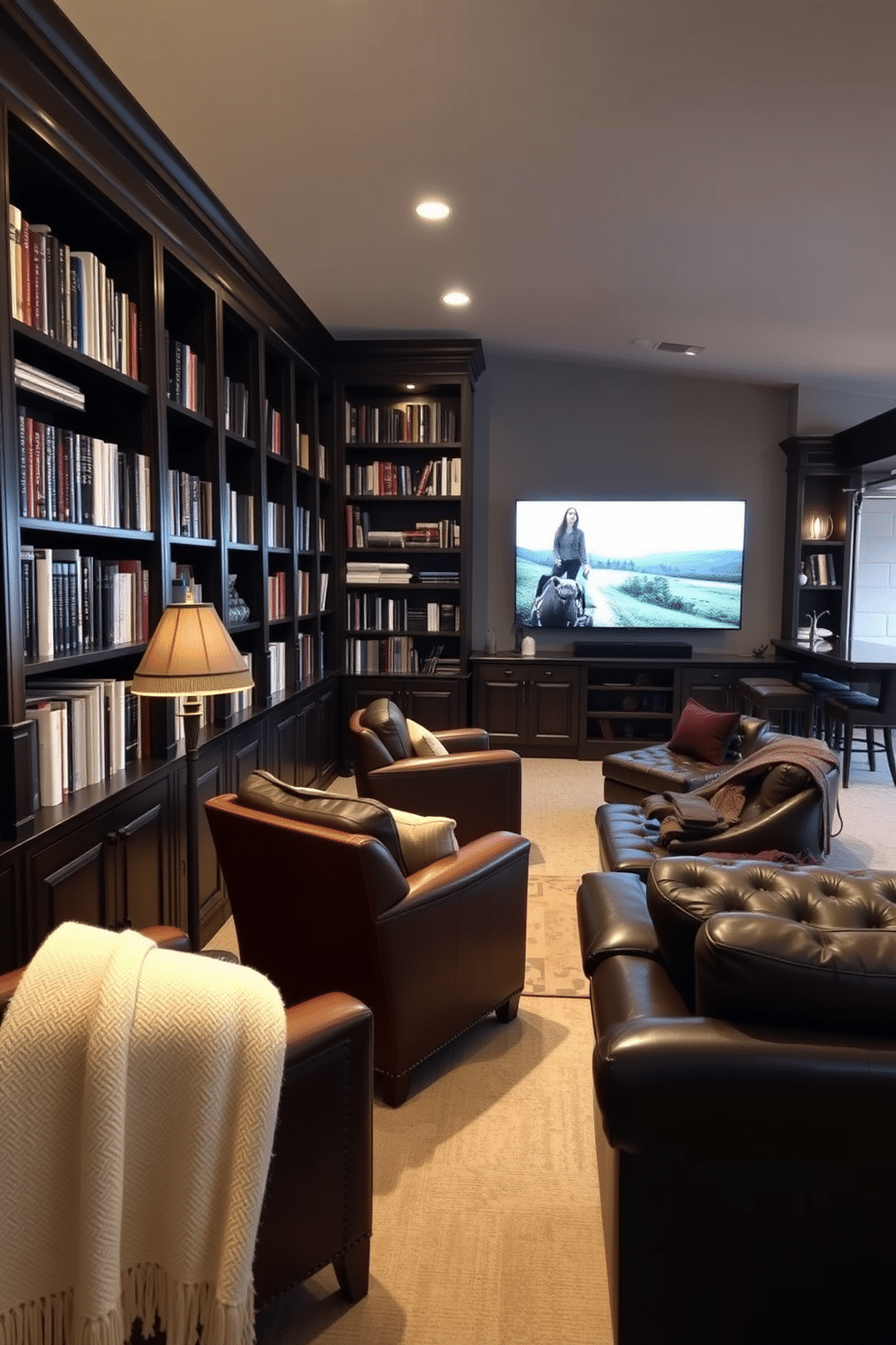 A personal library featuring a cozy reading nook. The room is lined with dark wooden bookshelves filled with books, and a plush armchair with a soft throw blanket is positioned in the corner, illuminated by a vintage floor lamp. The garage is transformed into a man cave with a sleek, modern design. Leather sofas face a large flat-screen TV, while a custom bar area with high stools and ambient lighting creates an inviting atmosphere for entertaining guests.