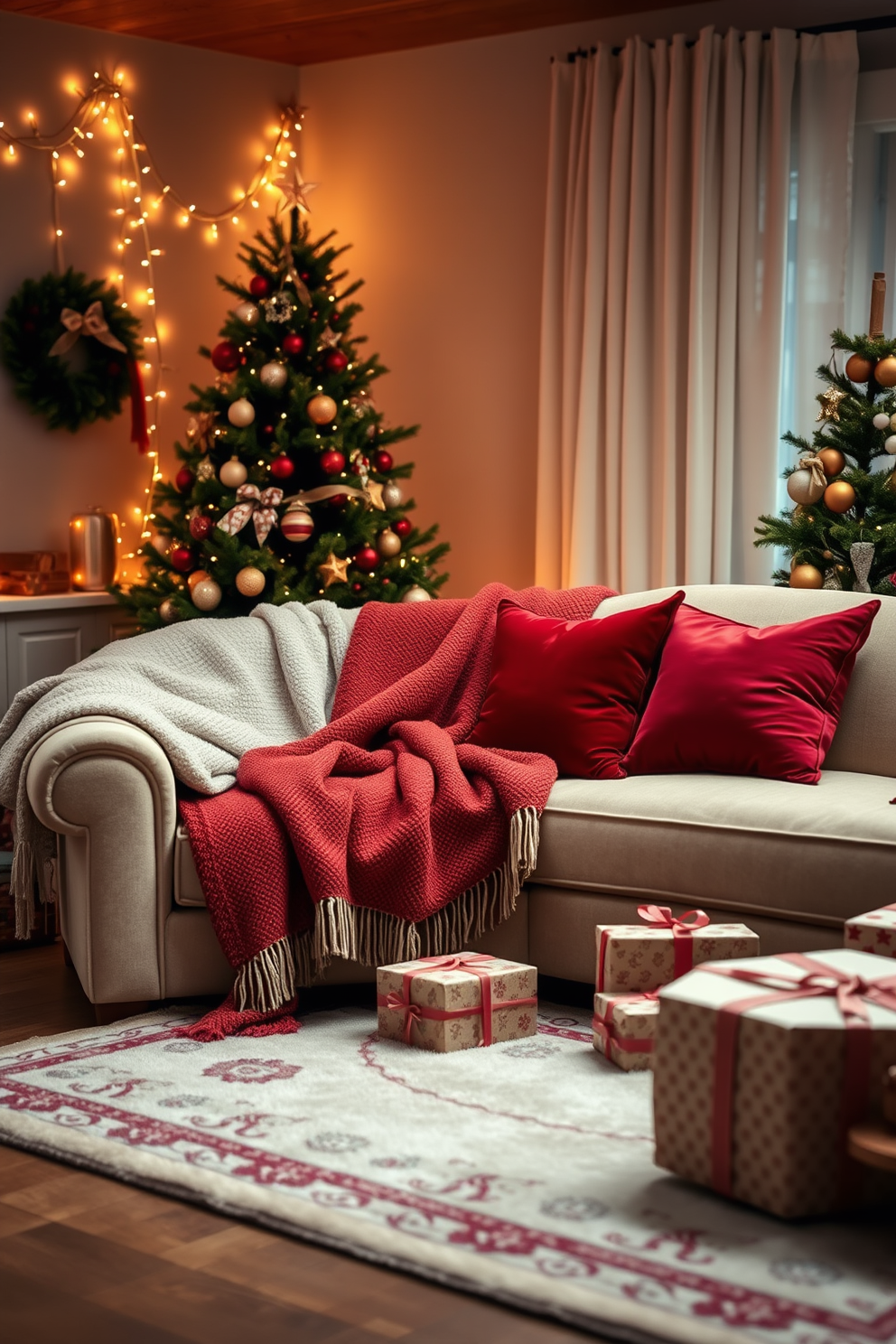 A cozy living room scene adorned with soft throw blankets draped over a plush sofa. The atmosphere is warm and inviting, with twinkling fairy lights and festive ornaments enhancing the holiday spirit. The sofa is complemented by decorative pillows in rich, seasonal colors. A beautifully decorated Christmas tree stands in the corner, surrounded by wrapped gifts and a festive rug underneath.