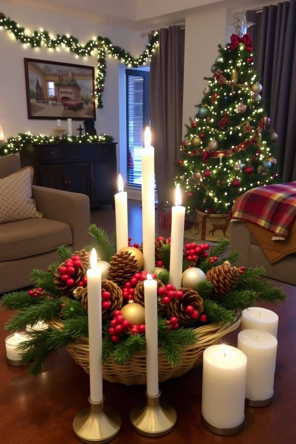 A festive centerpiece featuring a rustic arrangement of pinecones and vibrant red berries, artfully displayed in a natural woven basket. Surrounding the centerpiece, soft white candles in varying heights create a warm, inviting glow, enhancing the holiday ambiance. In a cozy apartment setting, Christmas decorations include a beautifully adorned tree with twinkling lights and colorful ornaments. The living space is complemented by garlands draped over furniture and a plush throw blanket in rich, seasonal hues.