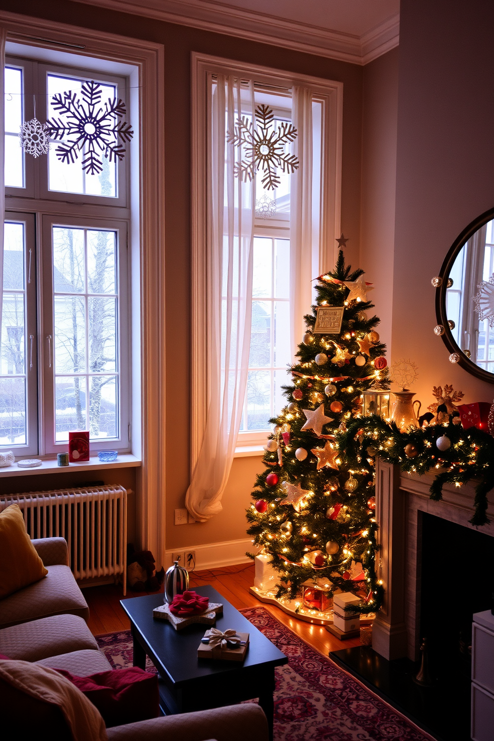 A cozy apartment adorned for Christmas, featuring windows decorated with intricate DIY paper snowflakes that flutter gently in the winter breeze. The living room is filled with warm, soft lighting, a beautifully adorned Christmas tree in the corner, and festive garlands draped over the mantelpiece, creating a cheerful holiday atmosphere.