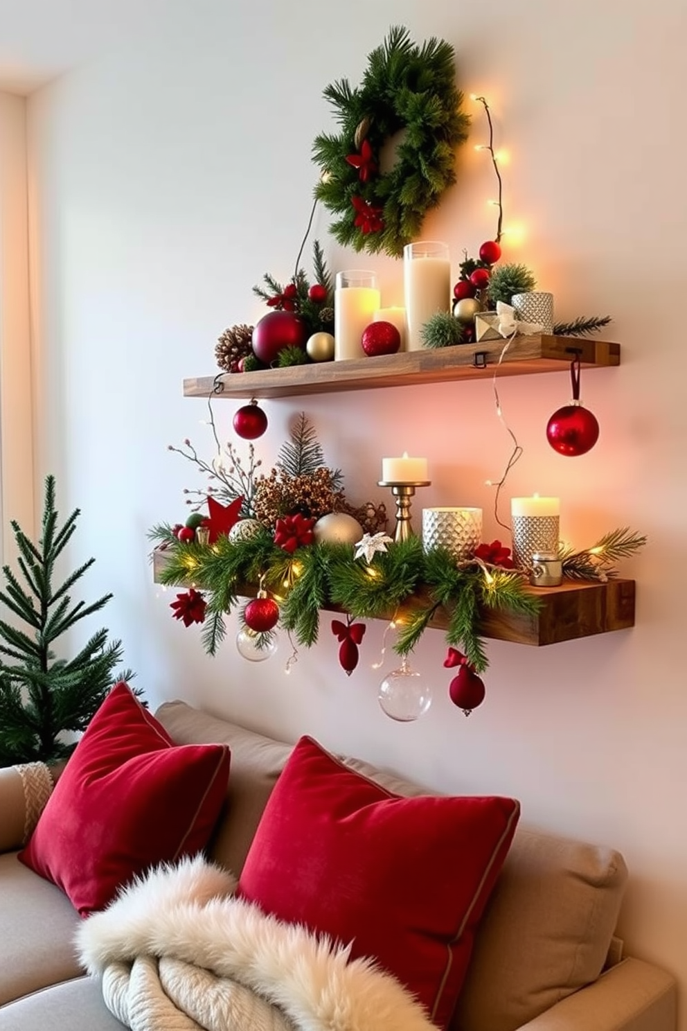 A stylish wall-mounted shelf adorned with seasonal decor, featuring a mix of festive ornaments, candles, and greenery. The shelf is made of reclaimed wood, adding warmth to the modern apartment setting, with twinkling fairy lights draping elegantly around the decorations. Incorporate a cozy, inviting atmosphere with plush throw pillows and a soft blanket nearby. The overall color palette blends rich reds and greens with metallic accents, creating a cheerful and sophisticated holiday vibe.