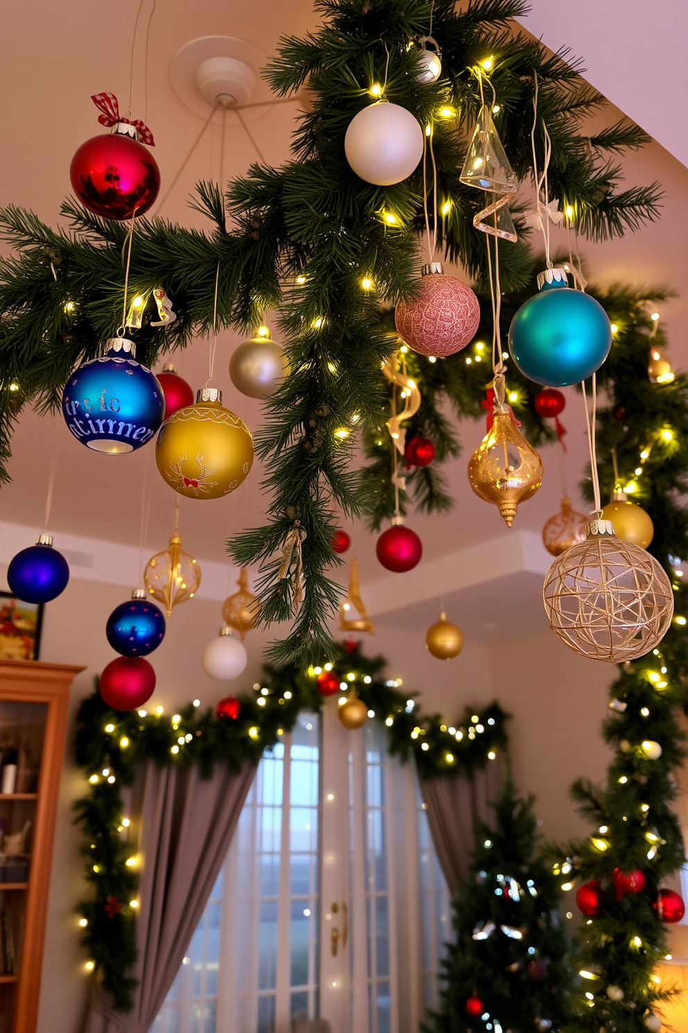 A cozy apartment adorned for Christmas, with hanging ornaments of various shapes and colors suspended from the ceiling. Twinkling fairy lights intertwine with evergreen garlands, creating a warm and festive atmosphere throughout the living space.