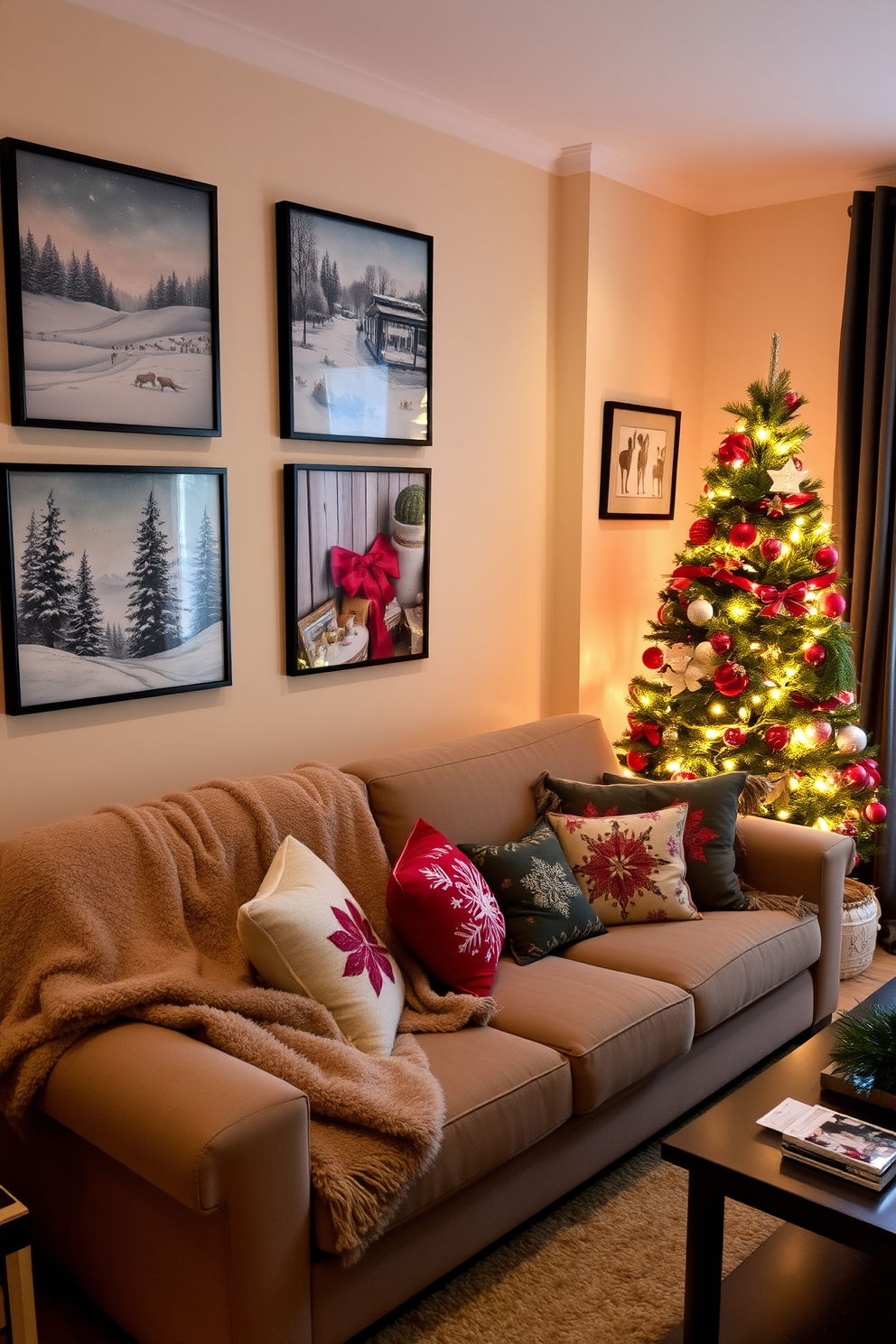 A cozy apartment living room adorned with Christmas-themed artwork on the walls. The artwork features festive scenes, including snow-covered landscapes and cheerful holiday motifs, enhancing the warm atmosphere of the space. The room is decorated with a beautifully adorned Christmas tree in the corner, twinkling with lights and colorful ornaments. Plush throws and festive cushions on the sofa add a touch of comfort and holiday spirit, inviting family and friends to gather and celebrate.