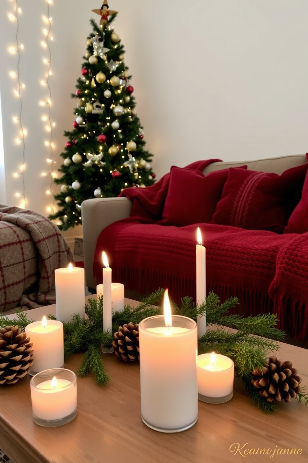 A cozy apartment living room adorned with festive holiday decorations. Softly glowing scented candles are placed on a coffee table, surrounded by pinecones and sprigs of evergreen, creating a warm and inviting atmosphere. The walls are draped with twinkling fairy lights, and a beautifully decorated Christmas tree stands in the corner, its ornaments reflecting the candlelight. Plush throw blankets and decorative pillows in rich reds and greens add a touch of comfort and cheer to the space.