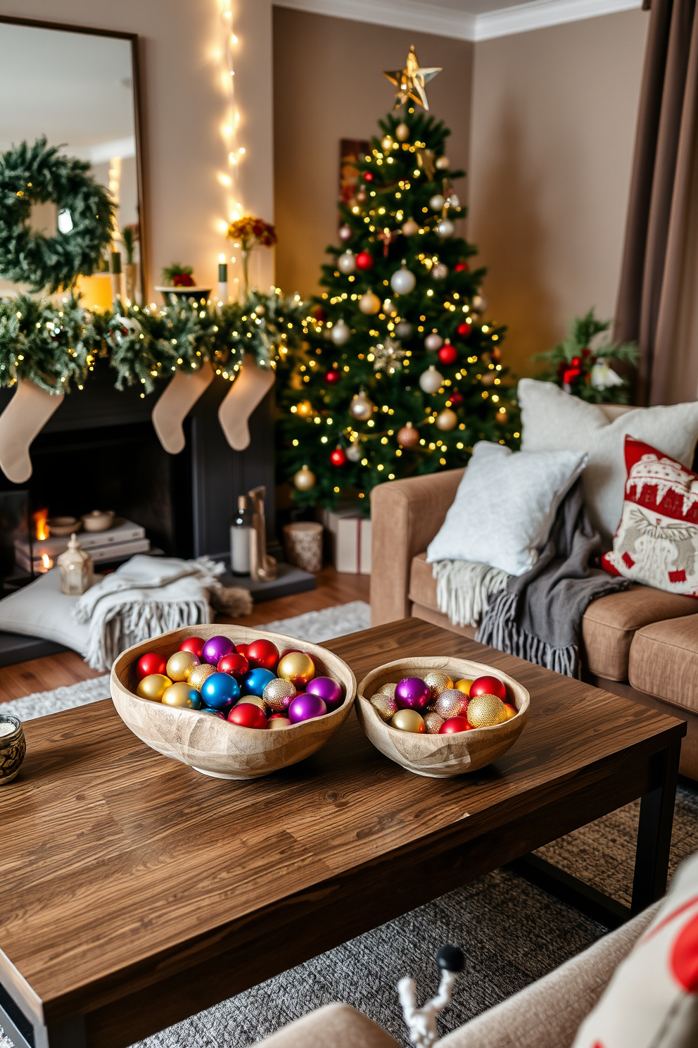 A cozy living room adorned for the holidays features a stylish coffee table topped with decorative bowls filled with an array of colorful ornaments. The bowls, crafted from natural materials, complement the warm tones of the room, while twinkling fairy lights drape elegantly across the mantelpiece. In the corner, a beautifully decorated Christmas tree stands tall, adorned with shimmering ornaments and a star on top. Plush throw blankets and festive cushions add a touch of comfort, inviting guests to relax and enjoy the festive atmosphere.