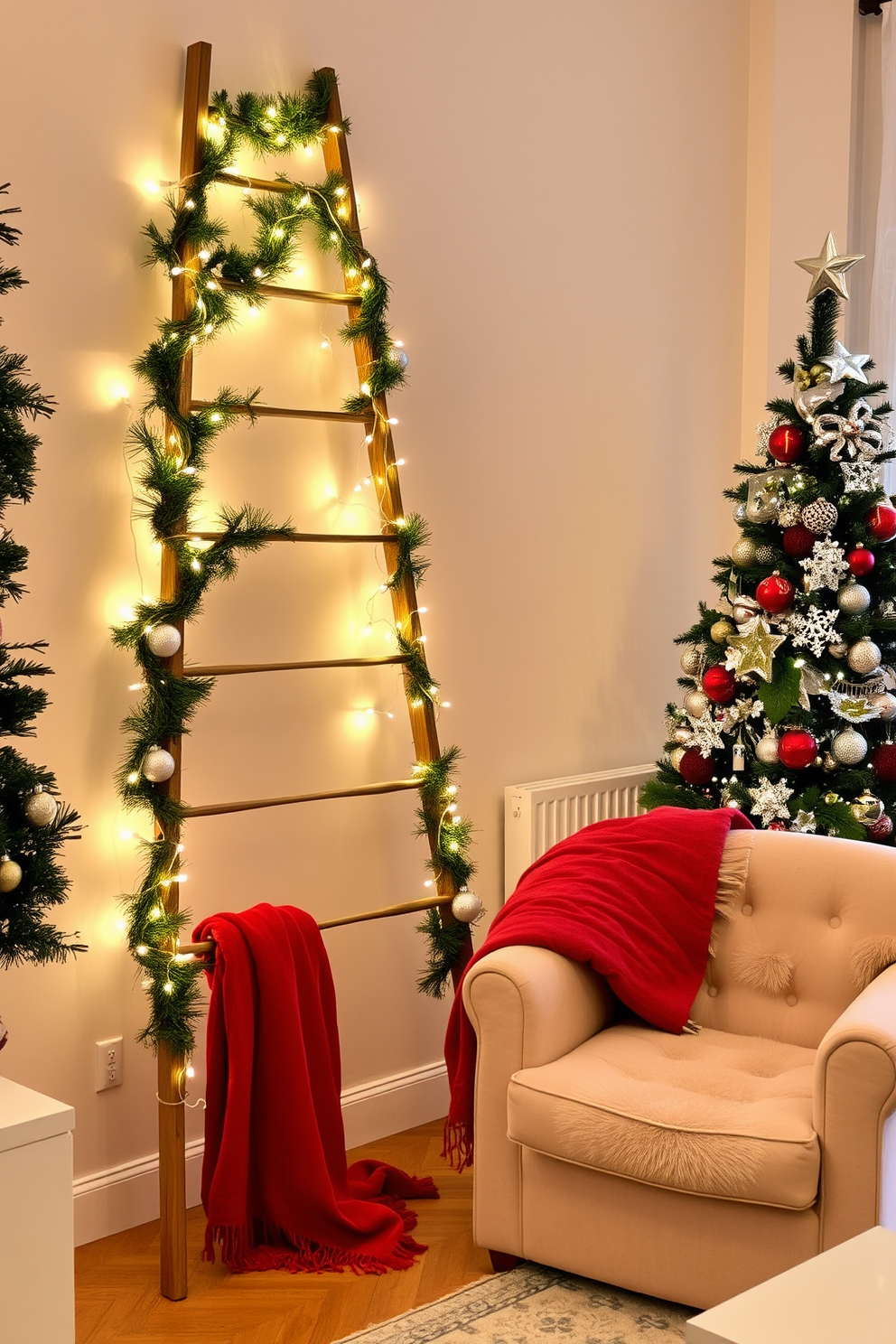 A cozy apartment living room adorned with festive Christmas decorations. A stylish ladder leans against the wall, displaying an array of twinkling fairy lights intertwined with evergreen garlands. The ladder is complemented by a plush, oversized armchair draped with a soft red throw blanket. Nearby, a beautifully decorated Christmas tree stands in the corner, adorned with shimmering ornaments and a star on top.