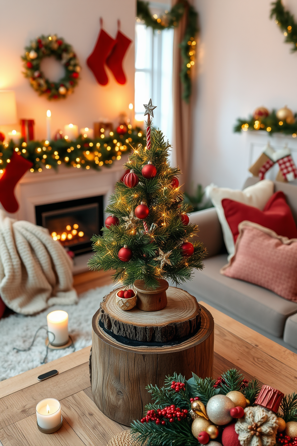 A charming miniature Christmas tree sits atop a rustic wooden table, adorned with twinkling fairy lights and delicate ornaments. Surrounding the tree, festive decorations in red and gold create a cozy holiday atmosphere, complemented by a warm, inviting glow from nearby candles. The apartment is tastefully decorated for the season, with garlands draped over the mantelpiece and stockings hung with care. Soft throw blankets and plush pillows in seasonal colors invite relaxation, while a festive centerpiece on the dining table enhances the cheerful ambiance.