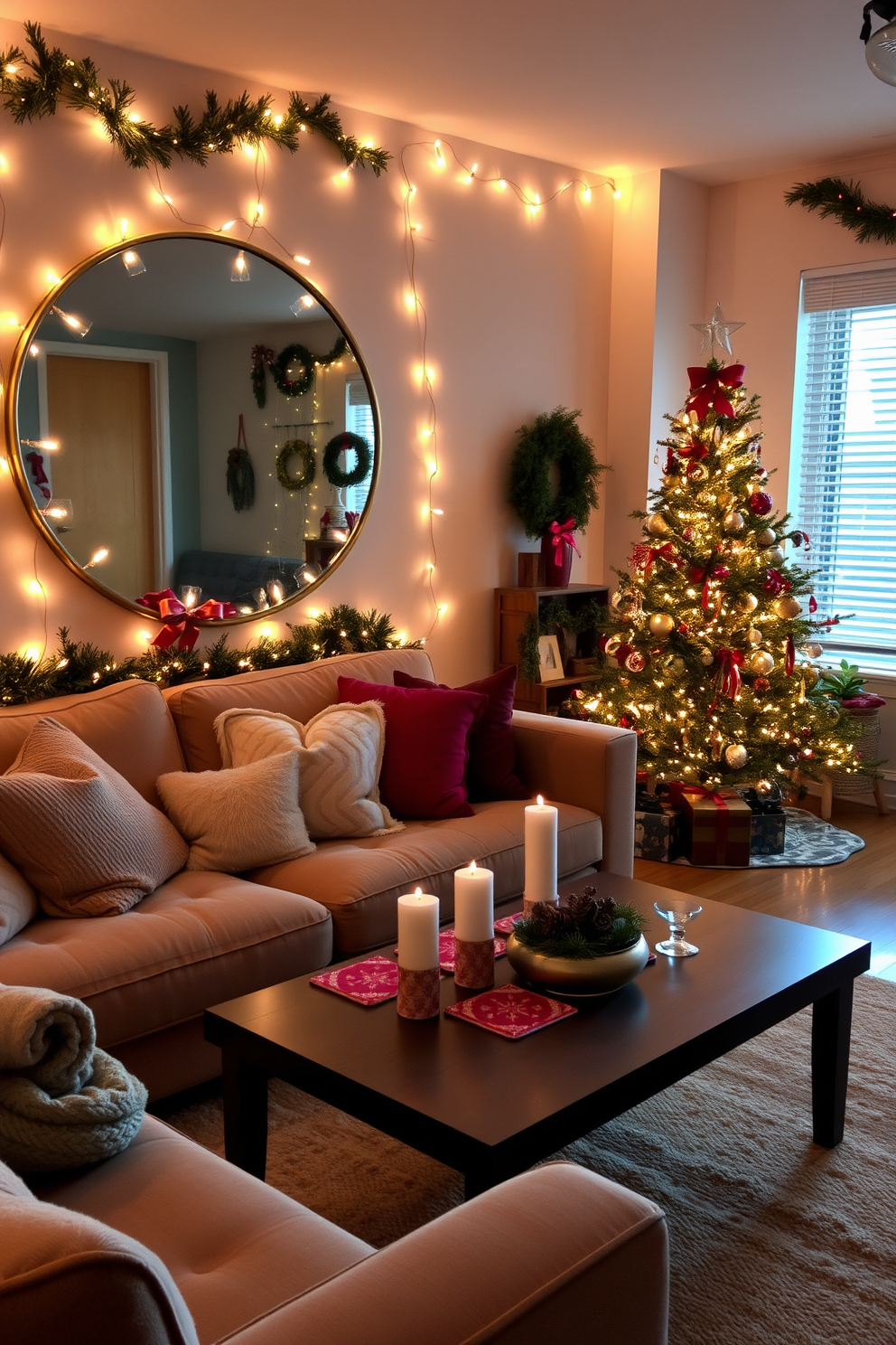 A cozy apartment living room adorned for Christmas, featuring string lights elegantly wrapped around a large round mirror that reflects the warm glow. Plush throw pillows in festive colors are scattered on a soft, textured sofa, while a beautifully decorated Christmas tree stands in the corner, twinkling with lights and ornaments. The walls are adorned with tasteful holiday decorations, including garlands and wreaths, creating a festive yet sophisticated atmosphere. A coffee table in the center of the room is set with holiday-themed coasters and a small centerpiece of pinecones and candles, inviting warmth and cheer.