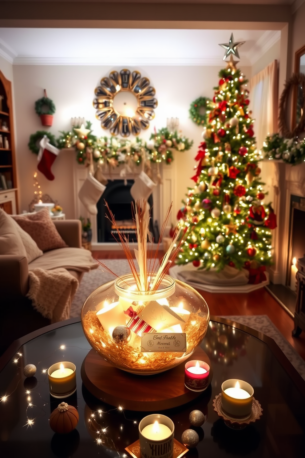 A cozy living room adorned with festive decorations. A large potpourri bowl filled with seasonal scents sits on the coffee table, surrounded by twinkling fairy lights and a few holiday-themed candles. The apartment is decorated with a mix of elegant ornaments and handmade crafts. A beautifully decorated Christmas tree stands in the corner, draped with garlands and topped with a shimmering star, while stockings hang from the mantel above the fireplace.