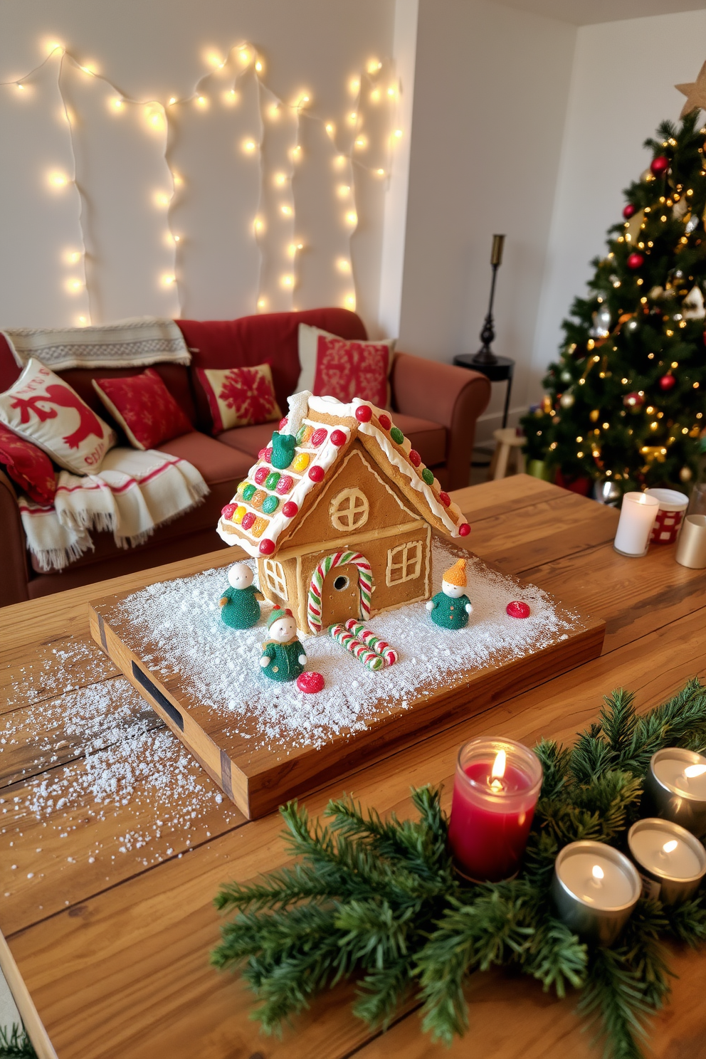 A whimsical gingerbread house display sits on a rustic wooden table, adorned with colorful candy decorations and royal icing details. Surrounding the house, a sprinkle of powdered sugar mimics fresh snow, while miniature figurines of children in winter attire add a playful touch. The apartment is transformed into a festive wonderland with twinkling string lights draped along the walls and a beautifully decorated Christmas tree in the corner. Cozy throw blankets and seasonal pillows on the couch invite warmth, while a festive centerpiece on the dining table features evergreen branches and candles for an inviting atmosphere.