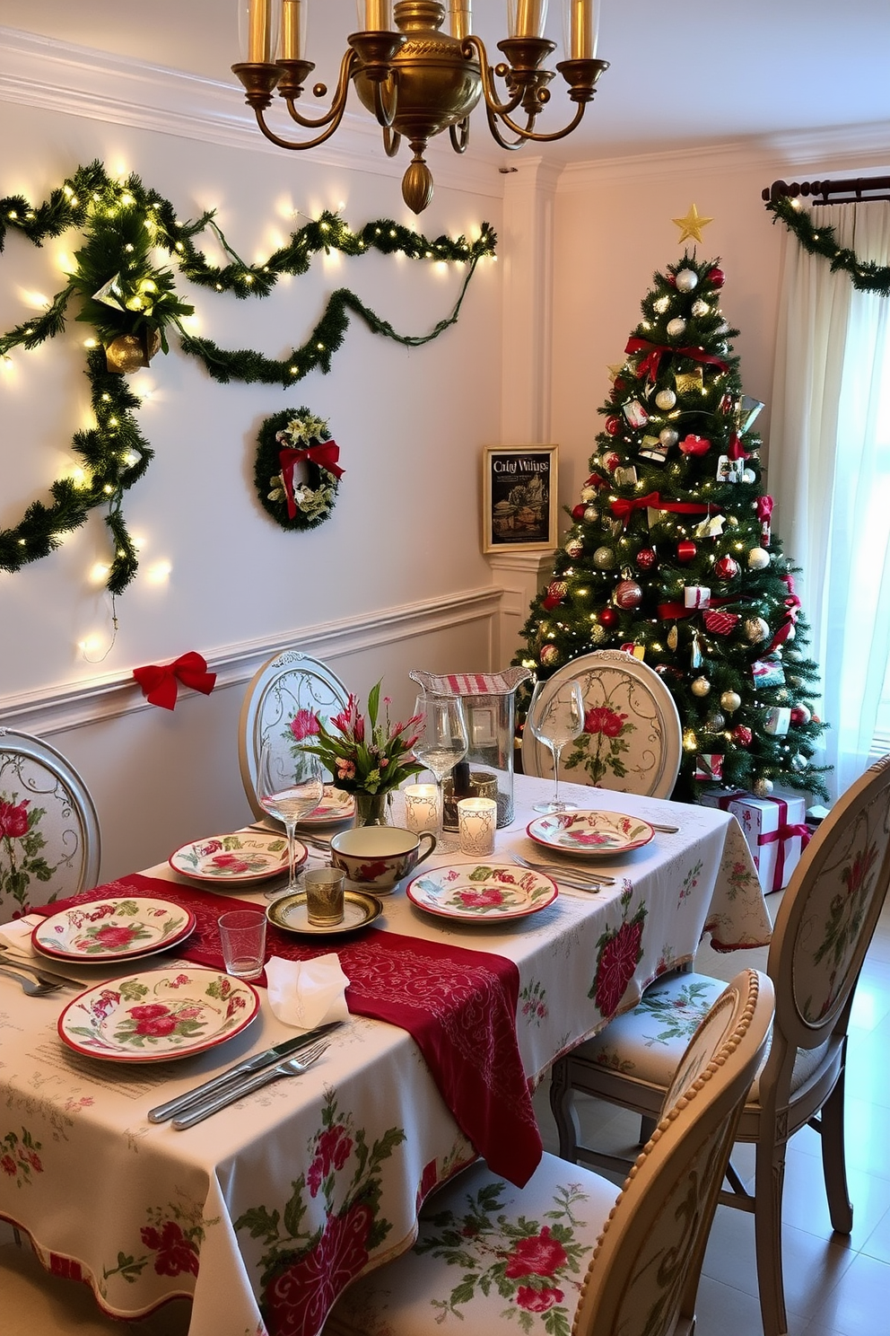 A cozy dining area adorned with festive dishware featuring intricate holiday patterns and vibrant colors. The table is set with a beautiful tablecloth, complemented by elegant glassware and silverware, creating an inviting atmosphere for holiday meals. The walls are decorated with garlands and twinkling fairy lights, enhancing the festive spirit of the apartment. A beautifully adorned Christmas tree stands in the corner, surrounded by wrapped gifts, adding warmth and joy to the overall decor.