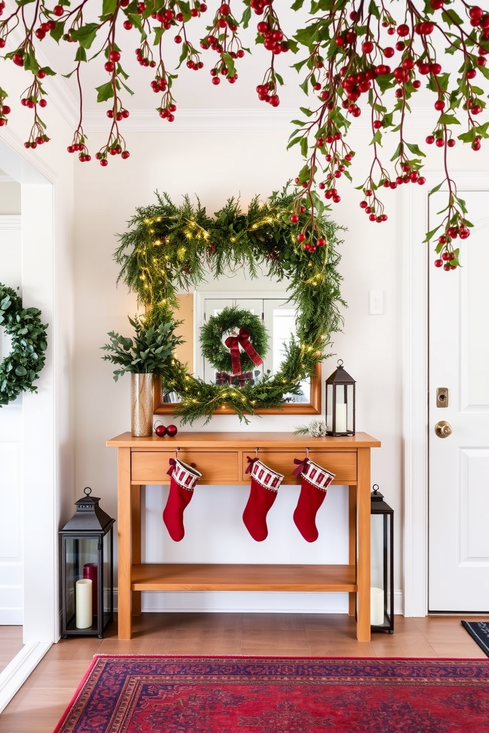 A festive entryway adorned with hanging mistletoe, creating a warm and inviting atmosphere for holiday guests. The walls are painted in a soft white, with a natural wood console table beneath a large mirror, decorated with seasonal greenery and twinkling fairy lights. A cozy rug in rich red and green tones welcomes visitors, while a pair of elegant lanterns flank the door, casting a soft glow. Stockings hang from the console table, adding a touch of holiday cheer to the overall design.