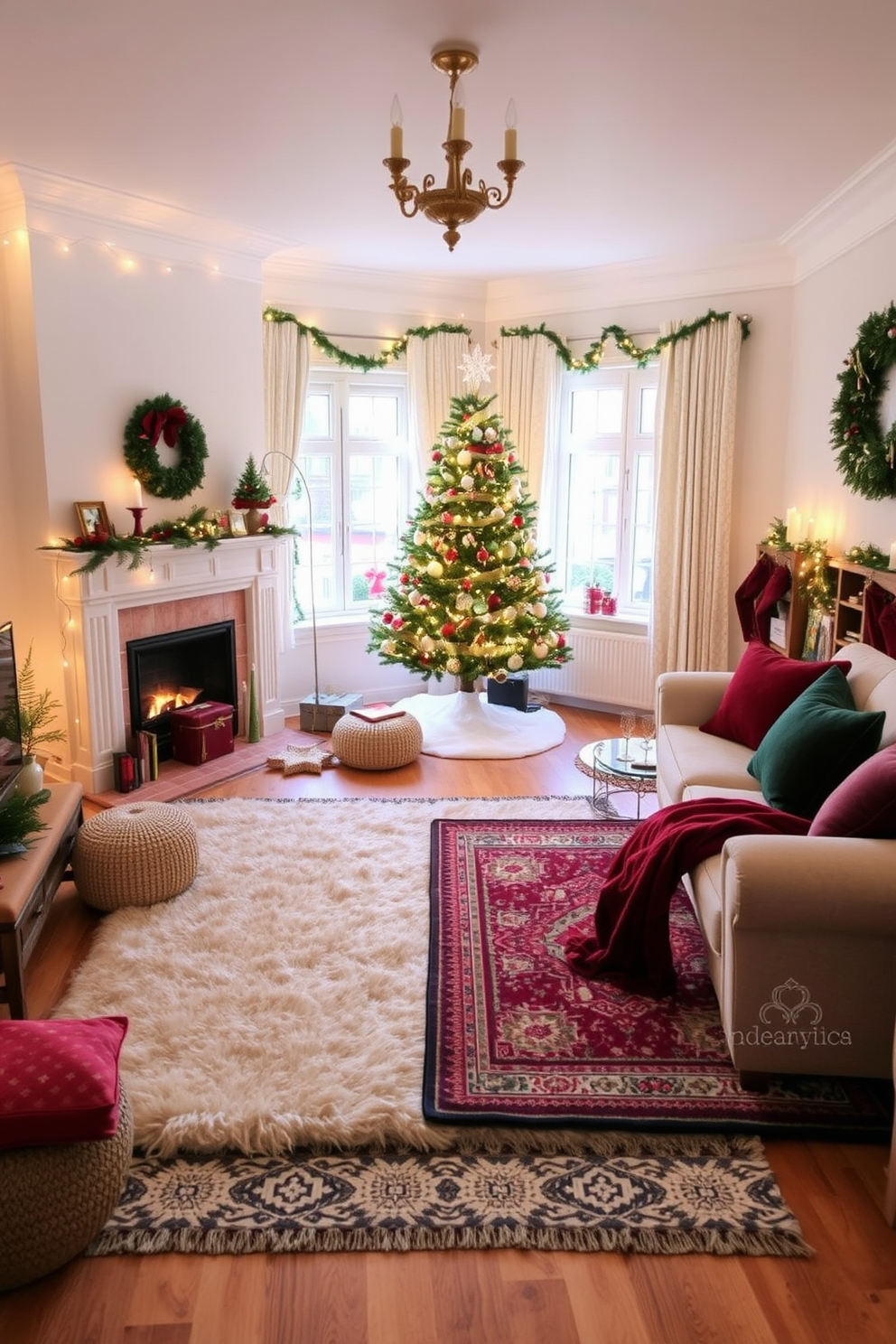 A cozy living room featuring layered rugs in various textures and patterns, creating a warm and inviting atmosphere. The base rug is a large, plush cream-colored piece, topped with a smaller, intricately woven tribal-patterned rug, adding depth and interest to the space. A festive apartment adorned with tasteful Christmas decorations, including a beautifully decorated tree in the corner, twinkling fairy lights, and elegant ornaments. The mantel is adorned with garlands and candles, while decorative pillows and throws in rich reds and greens enhance the holiday spirit throughout the room.