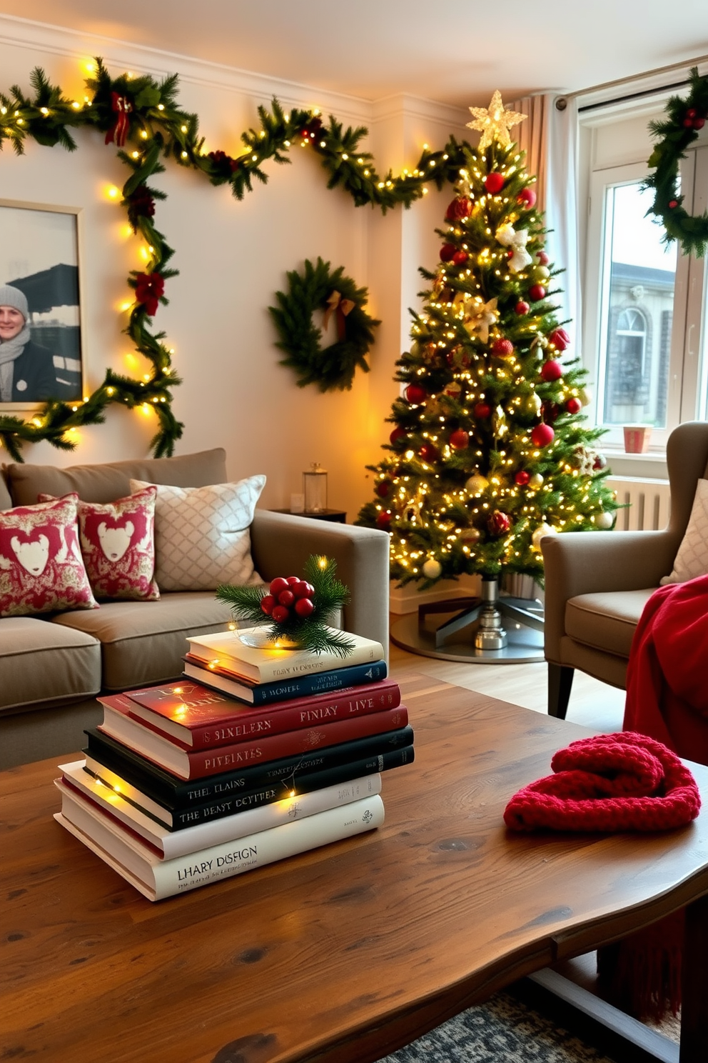 A cozy apartment living room adorned for the holidays. A stack of holiday-themed books is artfully arranged on a rustic wooden coffee table, surrounded by twinkling fairy lights and a small evergreen centerpiece. The walls are draped with festive garlands, and a plush red throw blanket is casually tossed over a stylish armchair. A beautifully decorated Christmas tree stands in the corner, its warm glow reflecting off the nearby window.