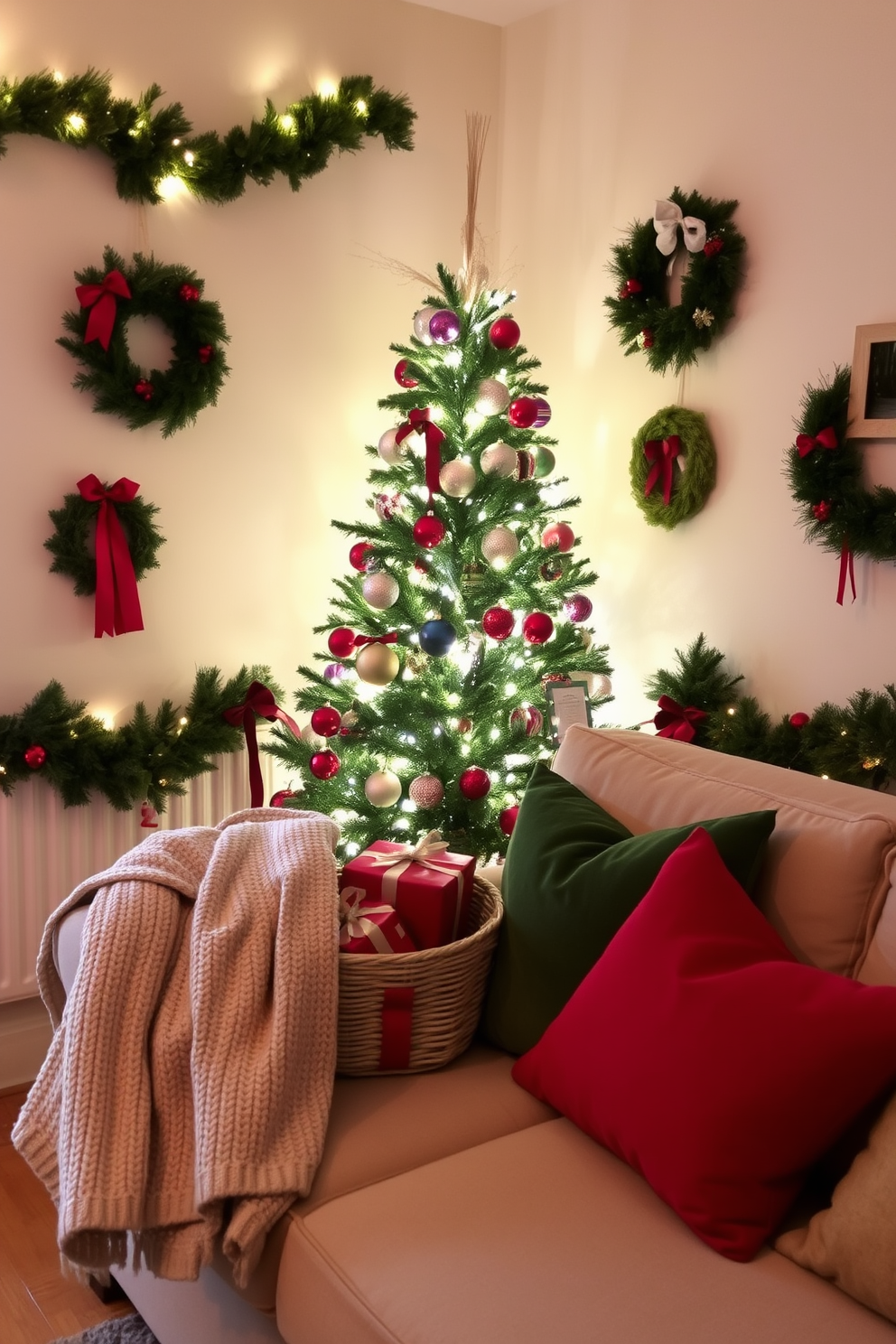 A cozy apartment living room adorned for Christmas features a beautifully decorated tree in the corner, twinkling with warm white lights and colorful ornaments. Beneath the tree, a decorative basket is filled with thoughtfully wrapped gifts, adding a festive touch to the space. The walls are draped with garlands and festive wreaths, while plush throw pillows in holiday colors embellish the sofa. A soft, knitted blanket is casually thrown over the armrest, inviting warmth and comfort during the holiday season.