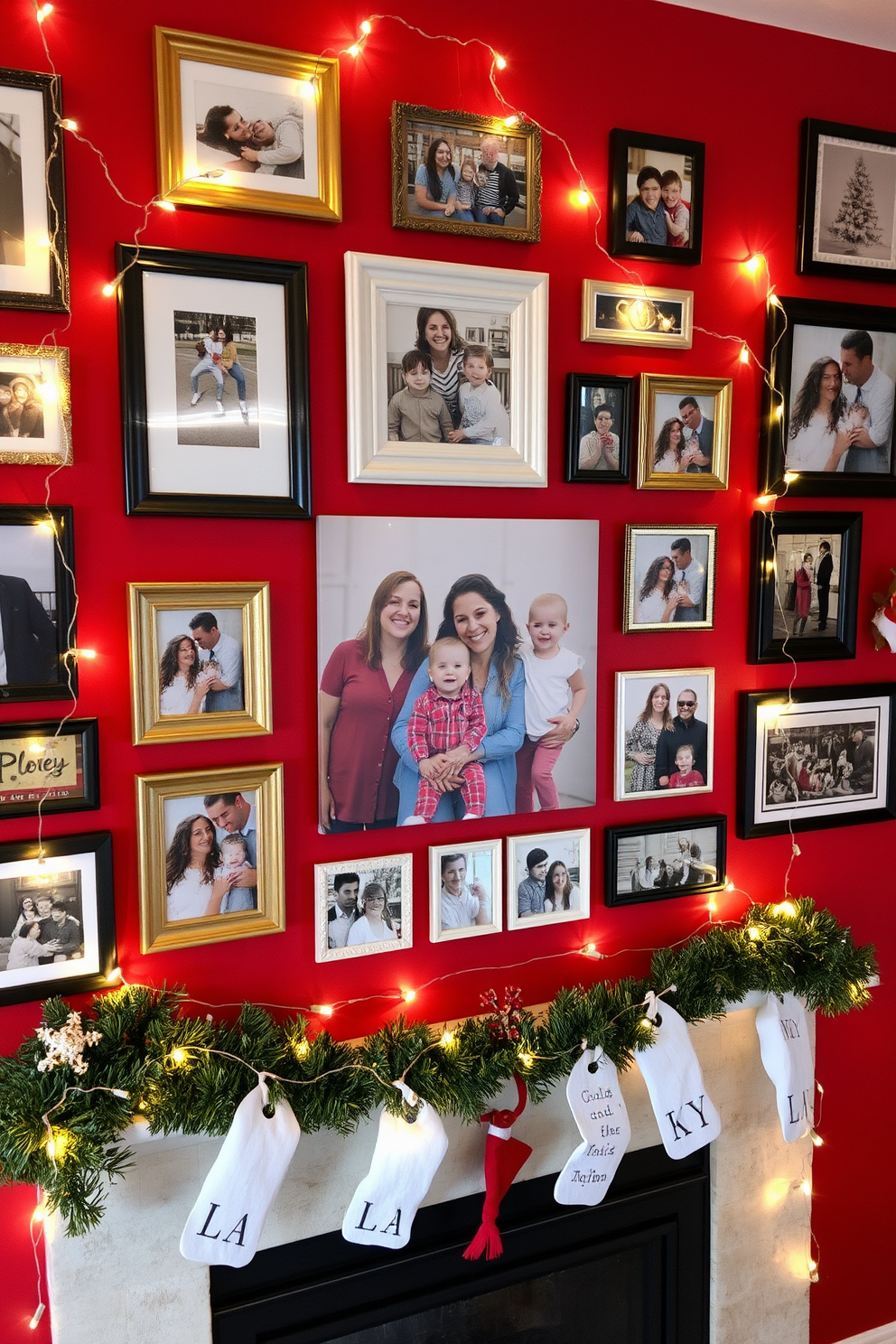 A cozy photo wall adorned with holiday memories, featuring a mix of framed pictures and decorative ornaments. The wall is painted in a warm, festive red, and twinkling string lights are draped around the frames for a cheerful glow. In the center, a large canvas print captures a joyful family gathering, surrounded by smaller photos from past celebrations. Festive garlands and handmade decorations add a personal touch, creating a nostalgic and inviting atmosphere.