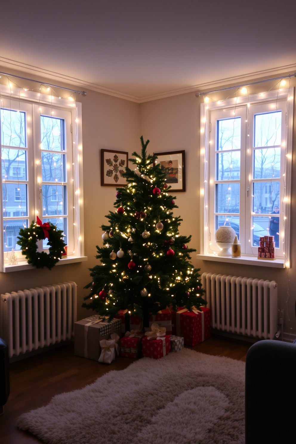 A cozy apartment adorned for Christmas, with fairy lights elegantly draped across the windows, casting a warm glow throughout the space. The festive atmosphere is enhanced by a beautifully decorated tree in the corner, surrounded by wrapped gifts and a plush, inviting rug beneath.