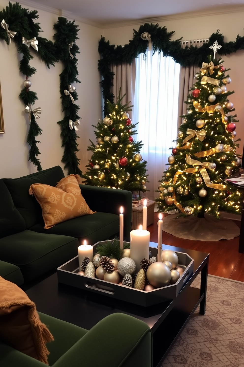 A cozy apartment living room adorned for Christmas. The space features a plush, deep green sofa with gold and silver throw pillows, and a beautifully decorated Christmas tree stands in the corner, twinkling with metallic ornaments and warm white lights. On the coffee table, a festive arrangement of candles and a decorative tray holds shiny baubles and pinecones. The walls are draped with garlands of evergreen, accented with metallic ribbons, creating a warm and inviting holiday atmosphere.