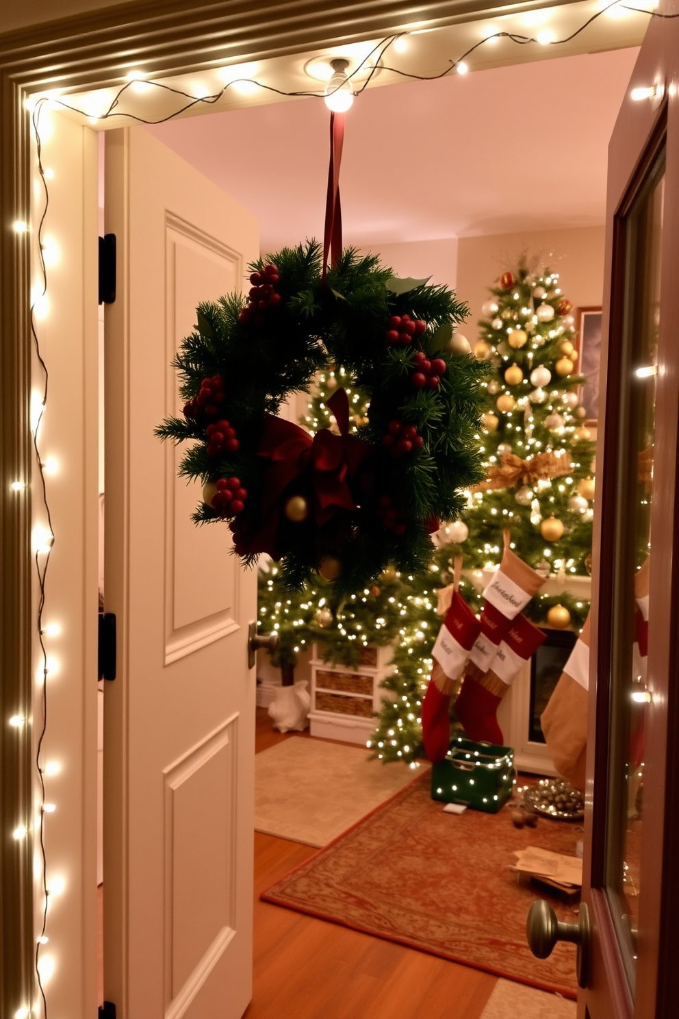 A festive wreath adorned with red berries and pinecones hangs on the front door, welcoming guests with a touch of holiday cheer. The entrance is framed by twinkling fairy lights that outline the doorframe, creating a warm and inviting ambiance. Inside the apartment, a beautifully decorated Christmas tree stands in the corner, draped with shimmering gold and silver ornaments. Stockings are hung by the fireplace, each personalized with names, adding a cozy and festive touch to the living space.