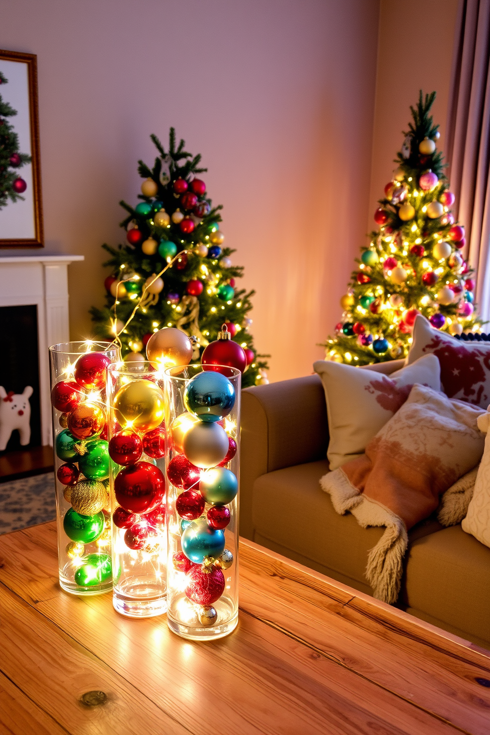 Colorful ornaments in glass vases create a vibrant and festive atmosphere, reflecting the warm glow of holiday lights. The vases, artfully arranged on a rustic wooden table, showcase a mix of shiny and matte finishes, enhancing the visual appeal. For apartment Christmas decorating ideas, a cozy living room features a beautifully adorned tree in the corner, decorated with twinkling lights and an array of colorful ornaments. Plush throw blankets and festive cushions on the sofa invite relaxation and warmth during the holiday season.